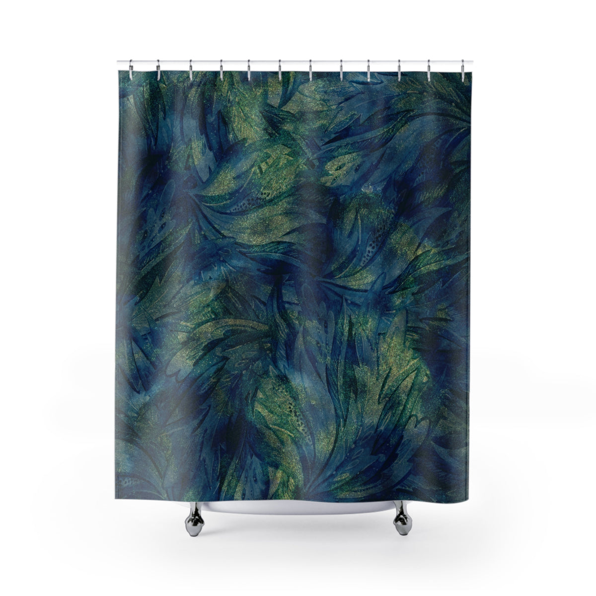 a vibrant, abstract pattern of green and blue swirls and shapes, creating a visually striking and dynamic design.