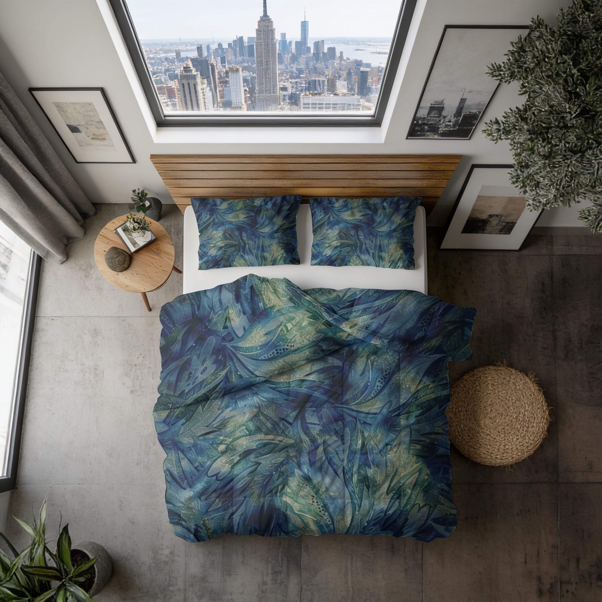 a bedroom with a large window overlooking the New York City skyline. The bed is covered in a blue and green patterned comforter, and there are two pillows on the bed. The room also features a wooden headboard, a round wooden table, and various decorative elements such as plants and artwork.