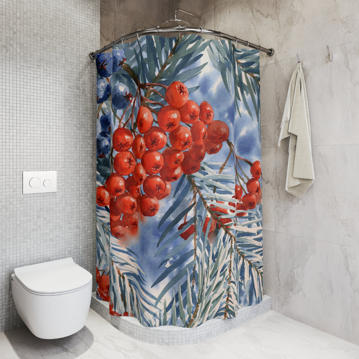 Red Rowan Berry Watercolor Shower Curtain, Bath Curtain 71x74