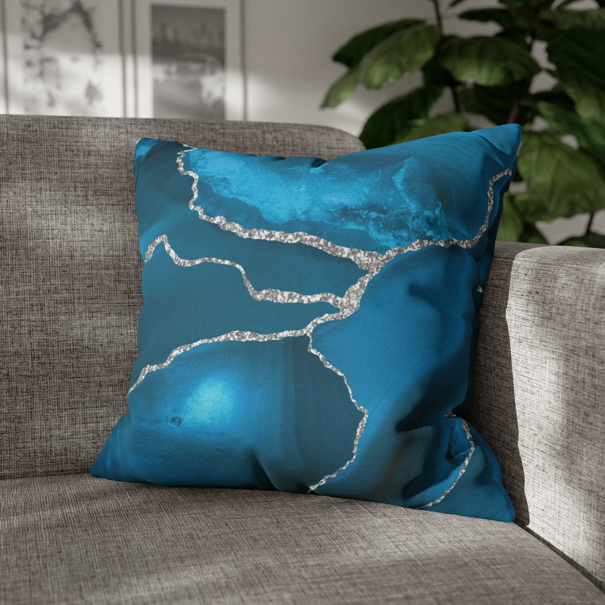 Marble Print Throw Pillow Cover | Blue Silver