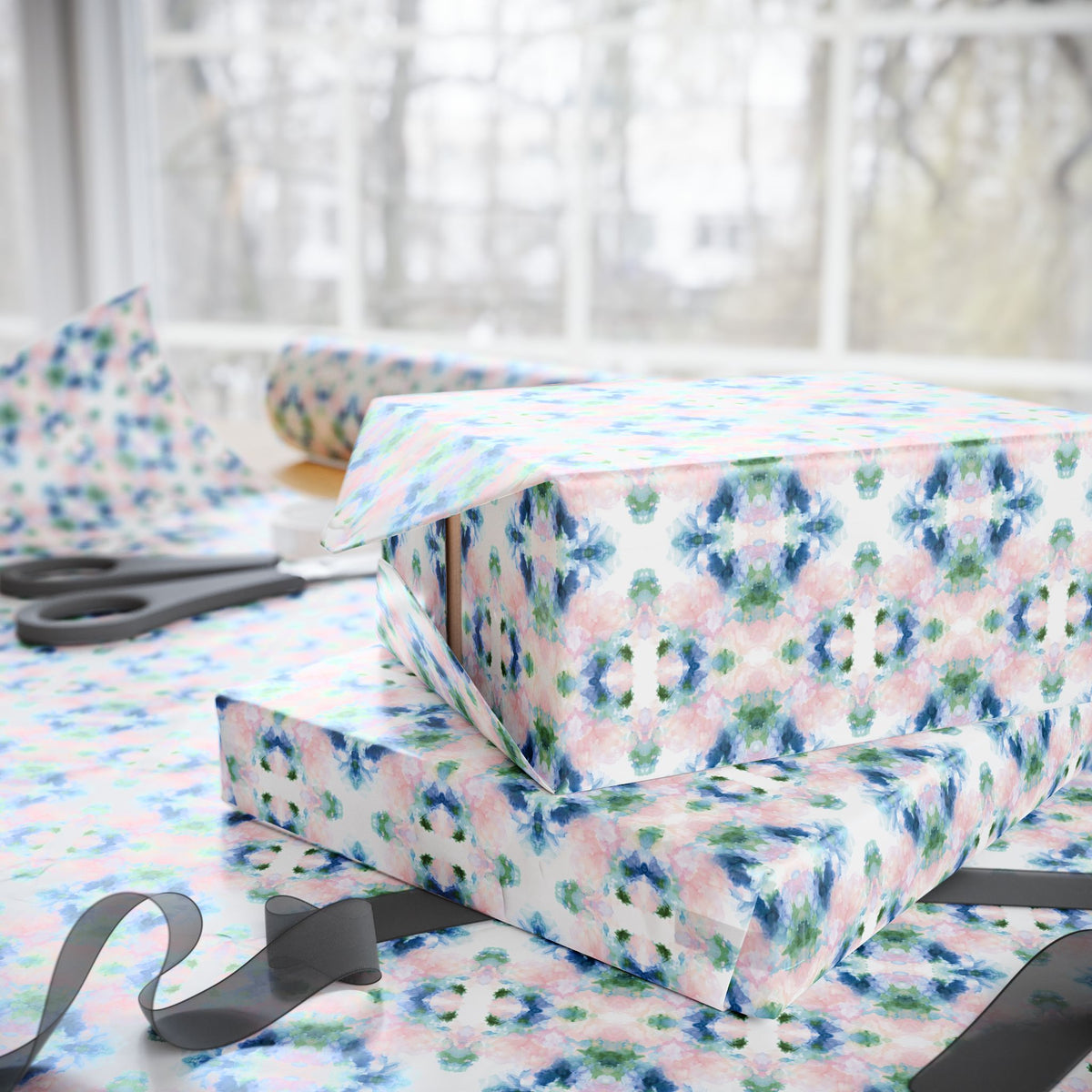 Blush Blue Green Watercolor Wrapping Paper, Mirrored Gift Wrap