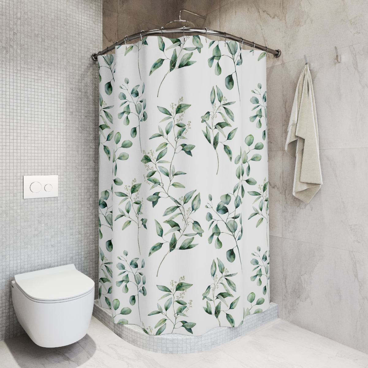 Sage Green Watercolor Sprig Shower Curtain, Bath Curtain 71x74