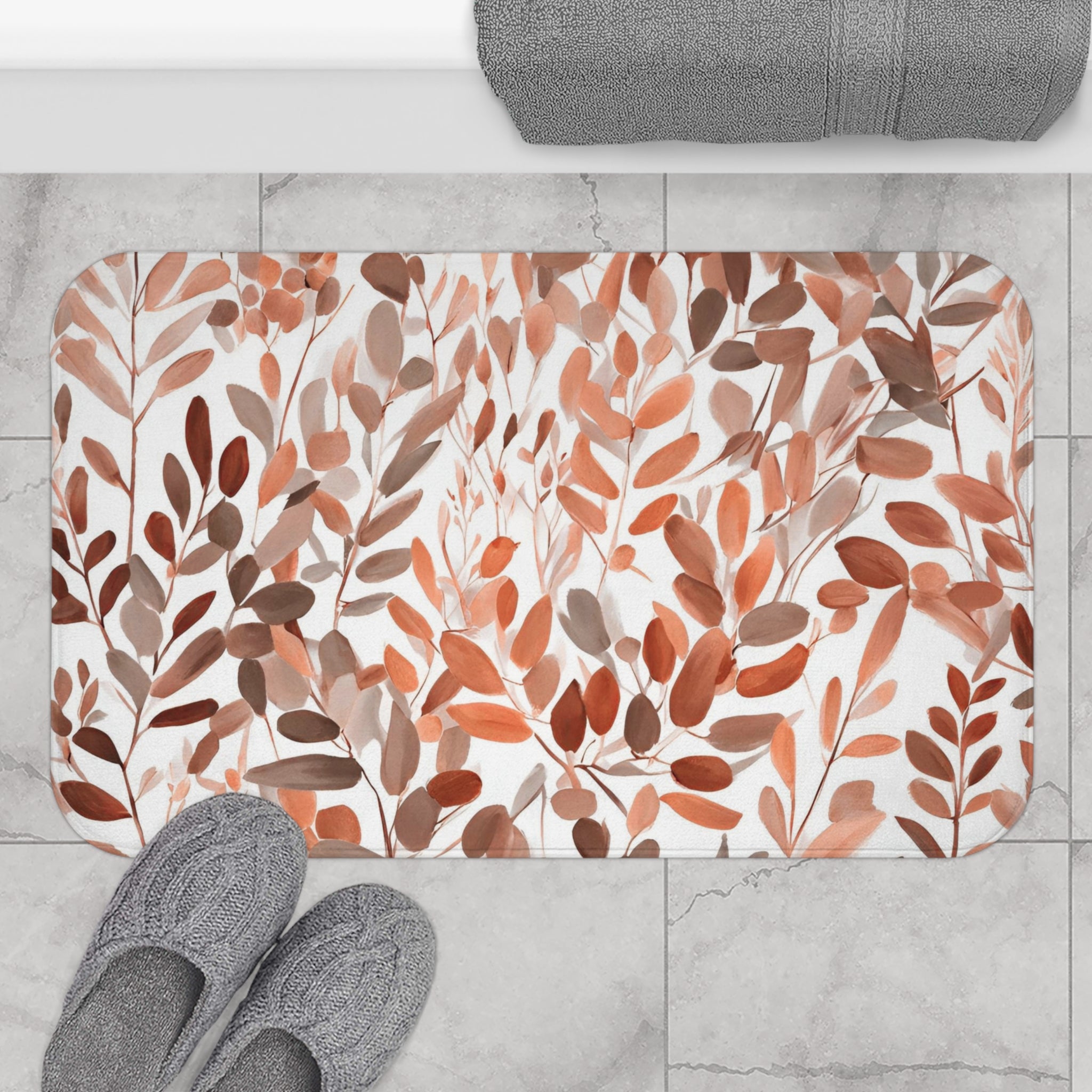 Boho Abstract Leaves Bath Mat | Taupe Orange, White Kitchen Mat