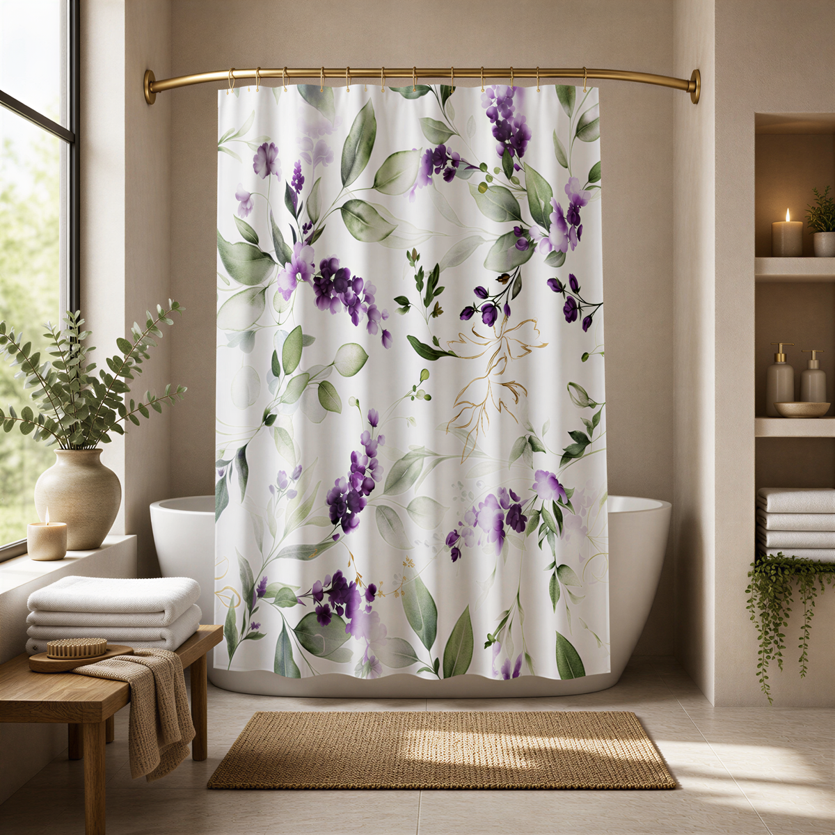 a bathroom with a shower curtain featuring a floral pattern in shades of purple and green. The shower curtain is hanging from a rod above a white bathtub. The bathroom also includes a wooden bench, a rug, and various decorative elements such as potted plants and candles.