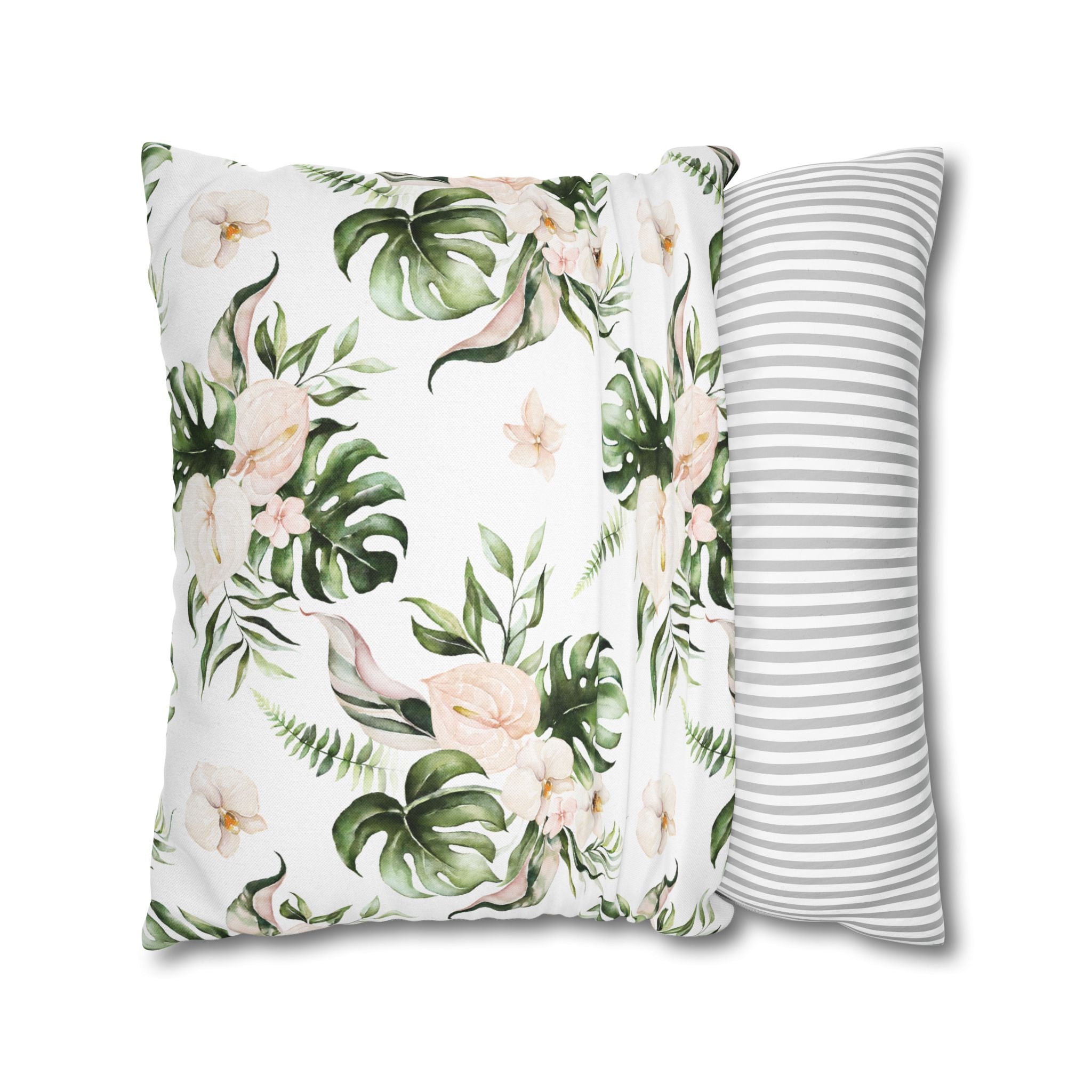Orchids Floral Pillow Cover | White Green Monstera Tropical Leaves