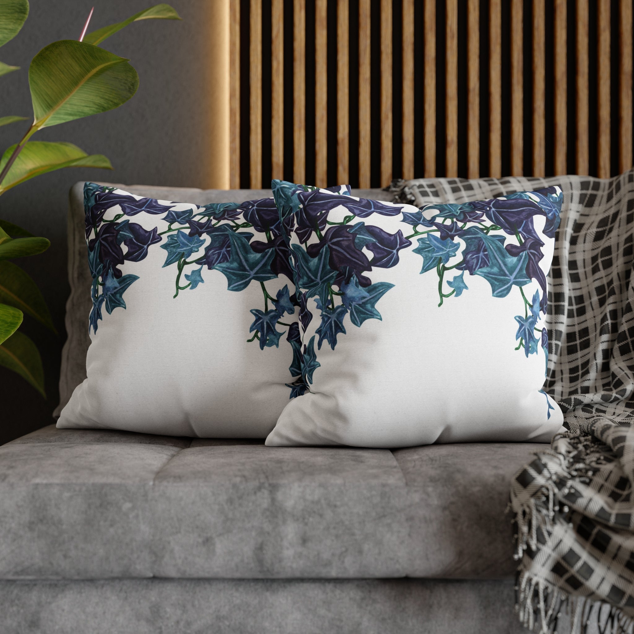 Floral Pillow Cover | White Blue Vine Leaves