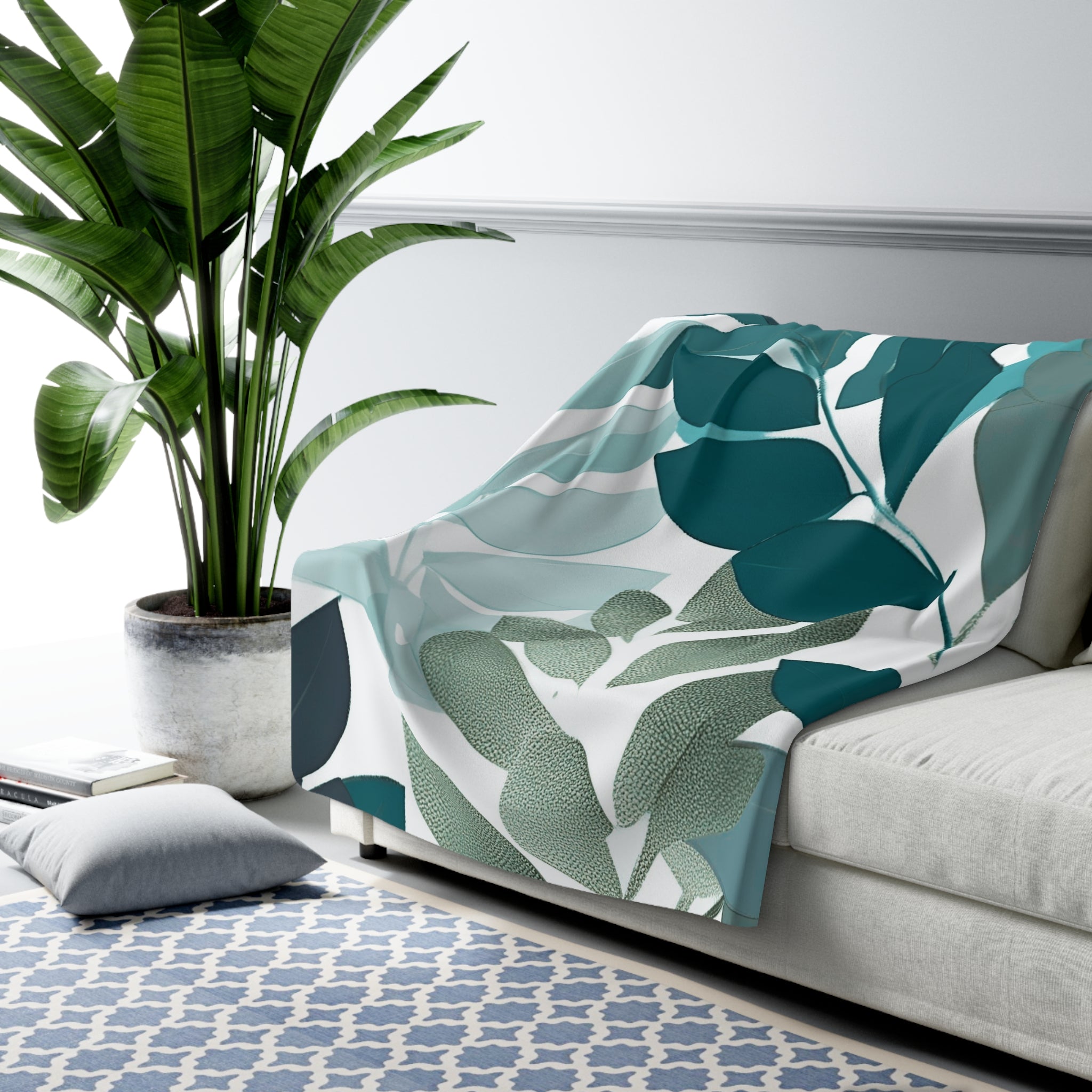 Floral Throw Blanket | Teal, Mint Sage Green Leaves