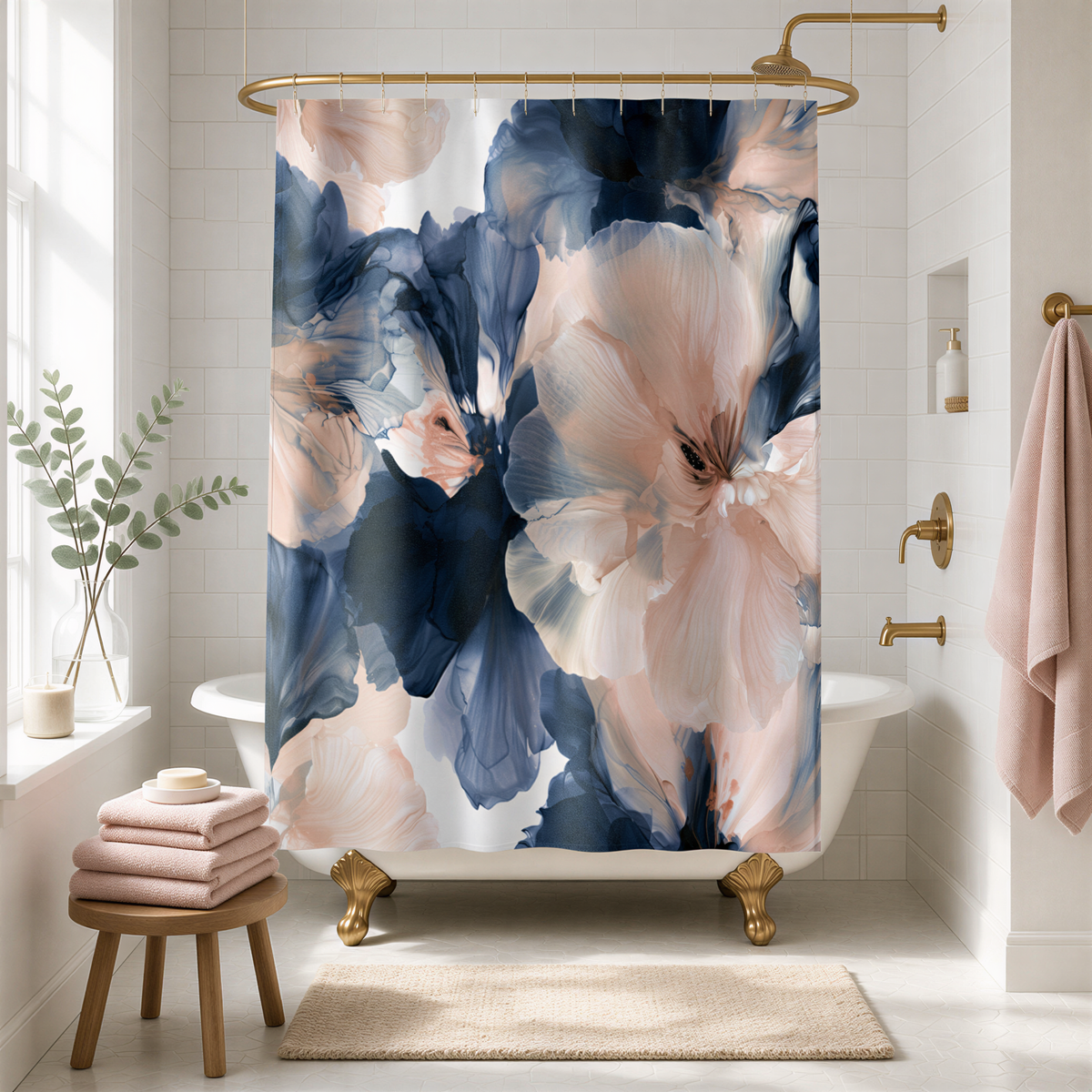 a bath room with a bath tub and a shower curtain