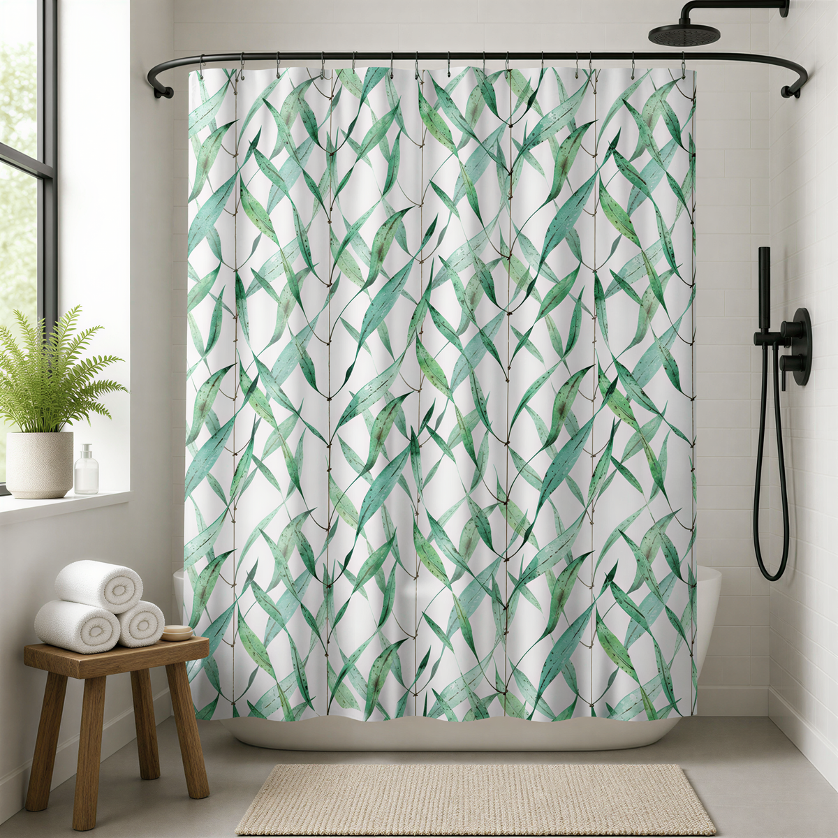 a bathroom with a shower curtain adorned with a green leaf pattern, a wooden stool, and a potted plant.