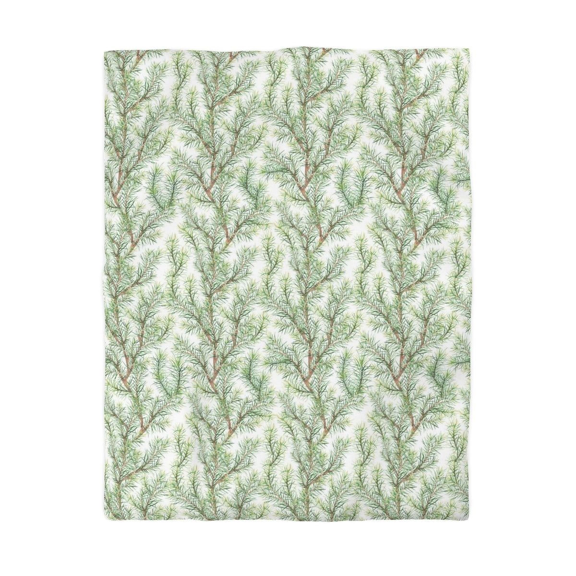 a repeating pattern of green pine tree branches on a white background.