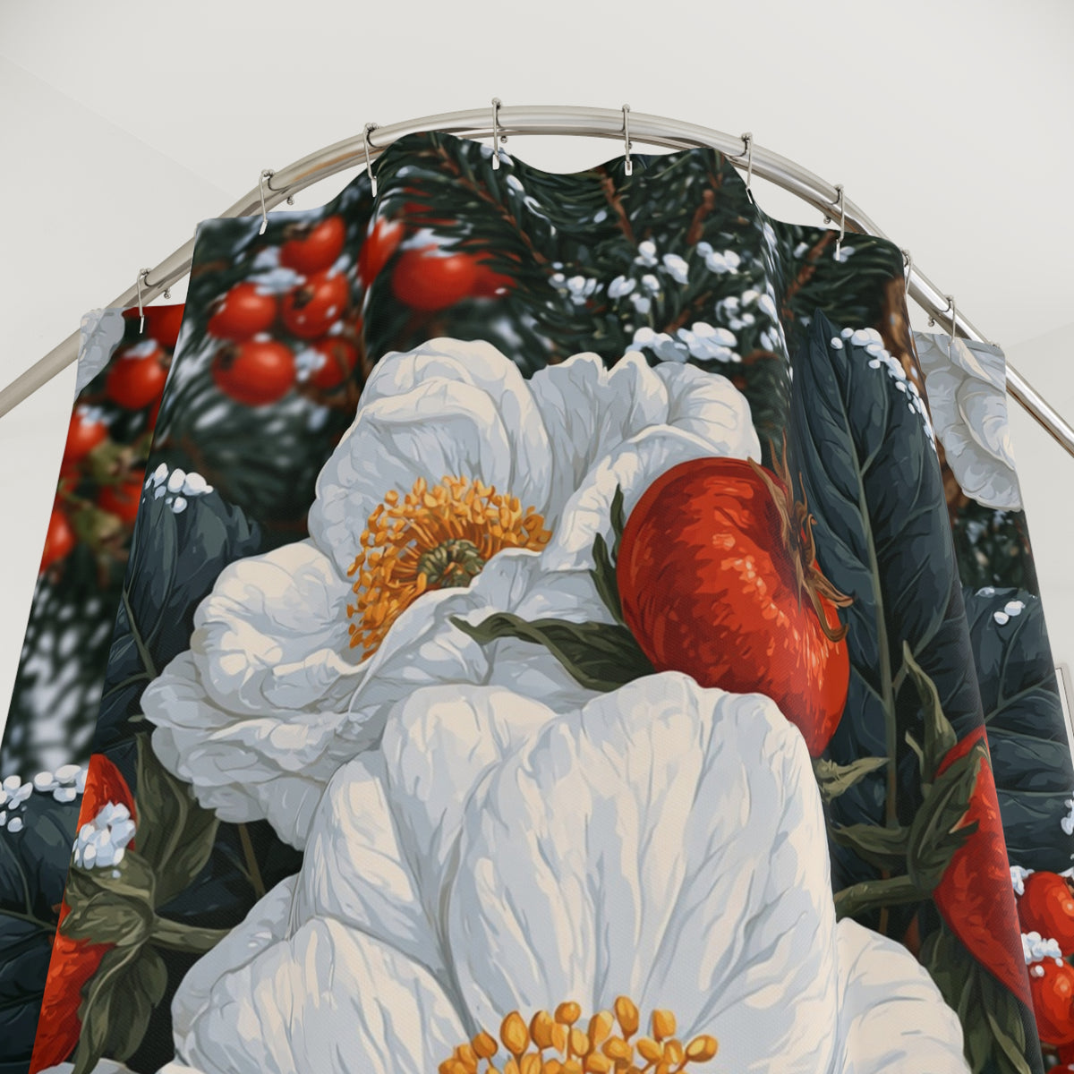 White Rose Winter Floral Shower Curtain, Bath Curtain 71x74