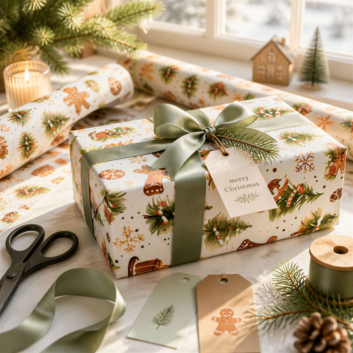 a festive Christmas scene with a wrapped gift, a pair of scissors, and other holiday decorations such as pine cones and a small Christmas tree.