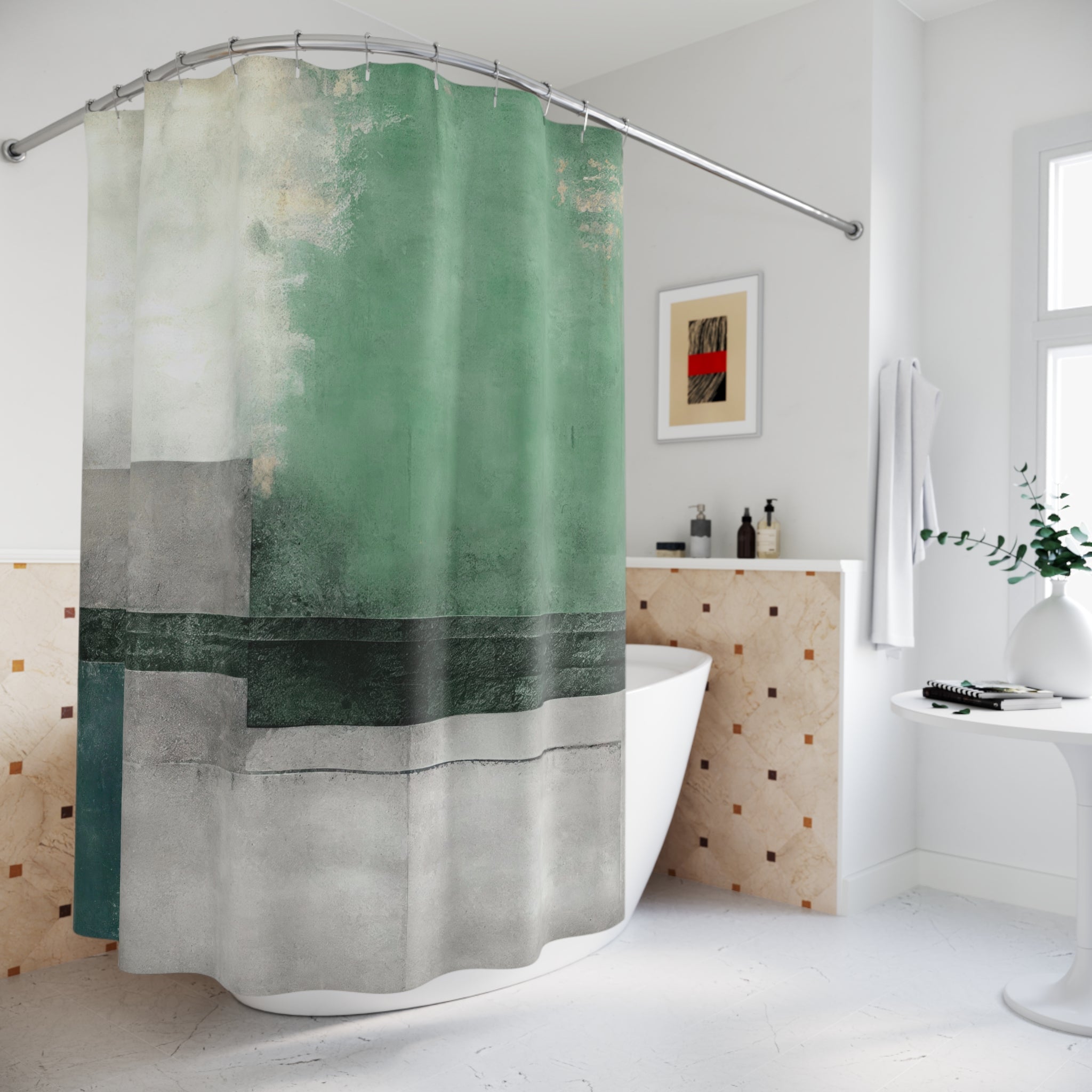 Boho Shower Curtain | Green Grey Abstract Fabric Curtain