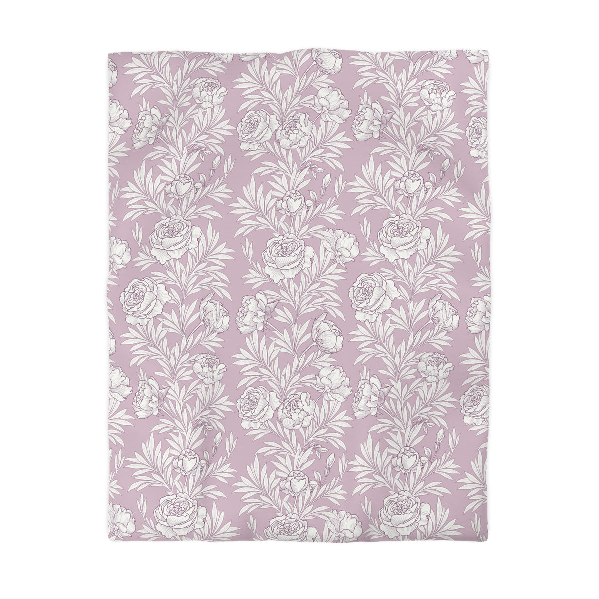 a repeating pattern of white flowers and leaves on a light purple background.