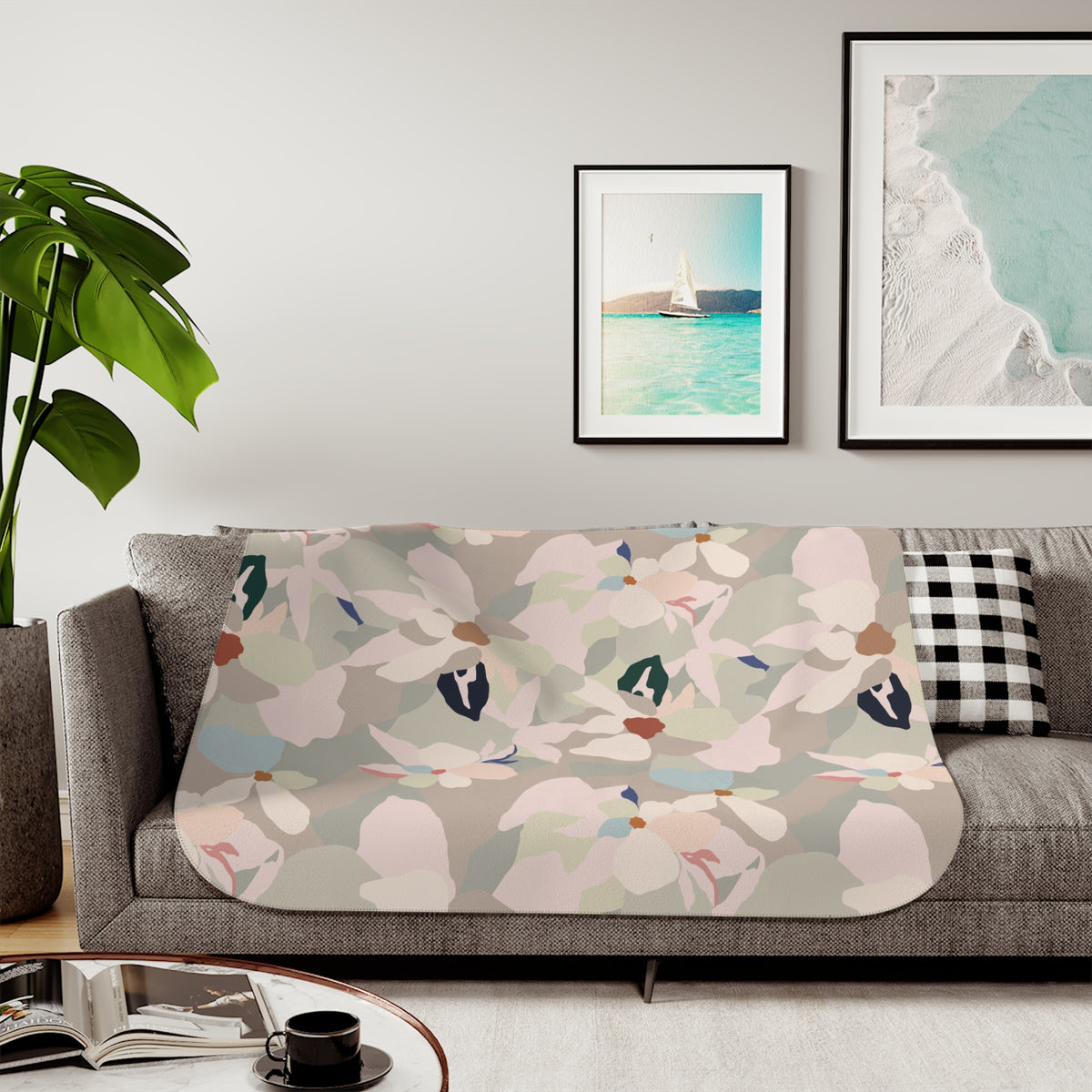 Blush Beige Abstract Petal Sherpa Blanket | Modern Floral Throw