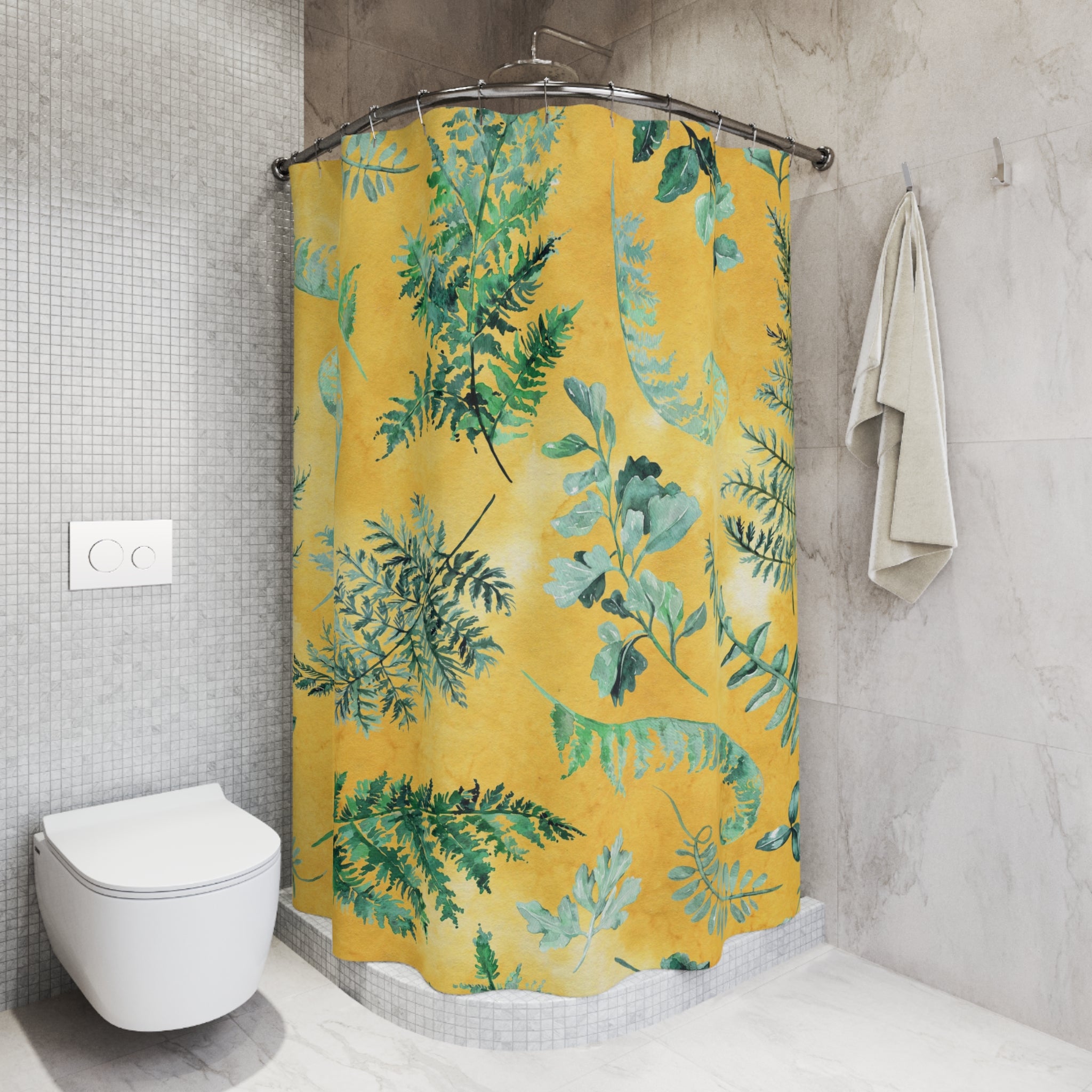 Boho Shower Curtain | Yellow Green, Herbal Leaves Watercolor