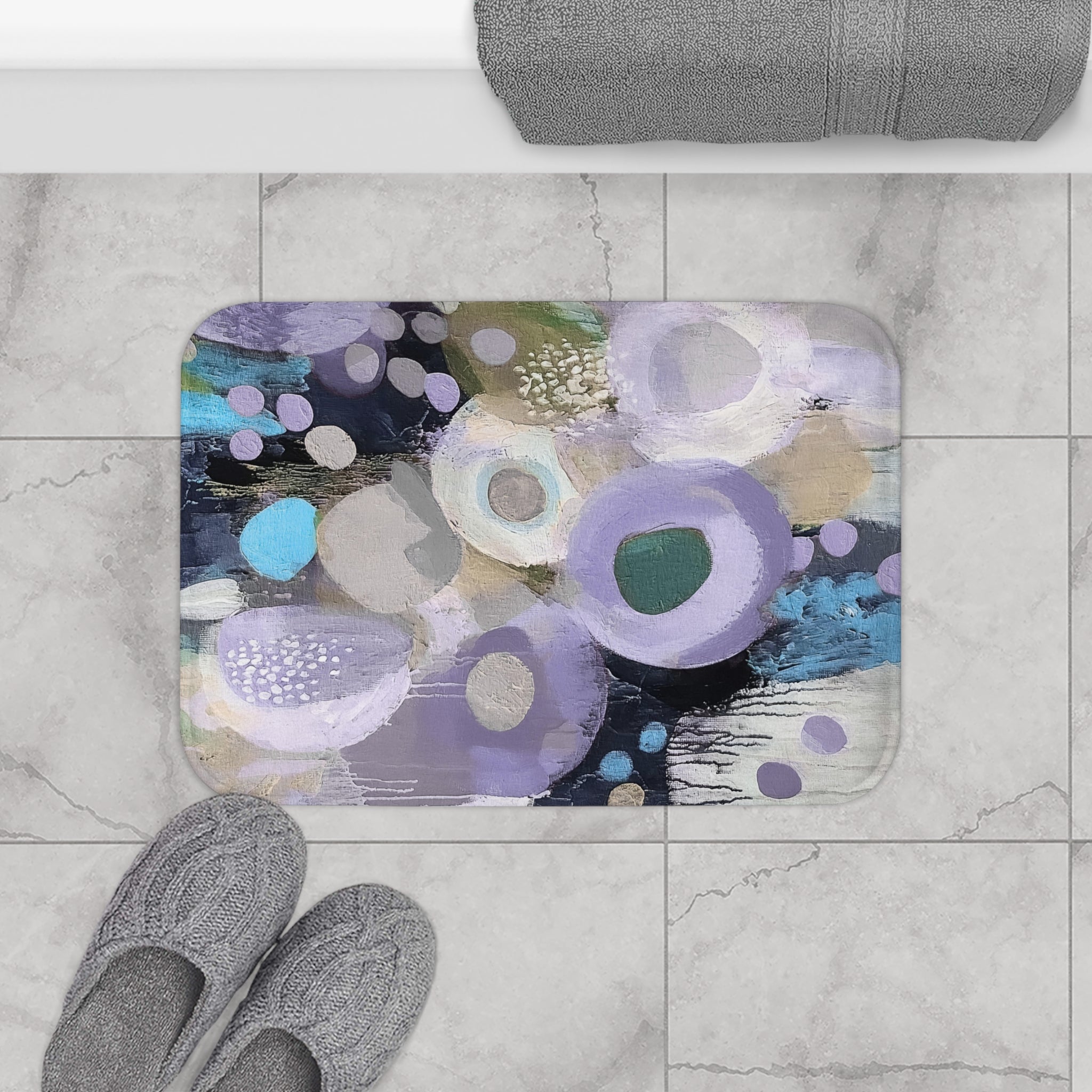 Abstract Bath Mat | Colorful Lavender Purple Beige Black White Kitchen Mat