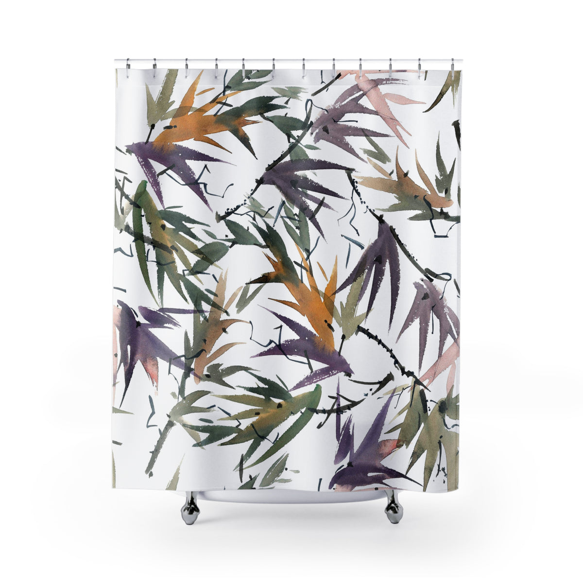 Olive Purple Bamboo Leaf Shower Curtain, Bath Curtain 71x74