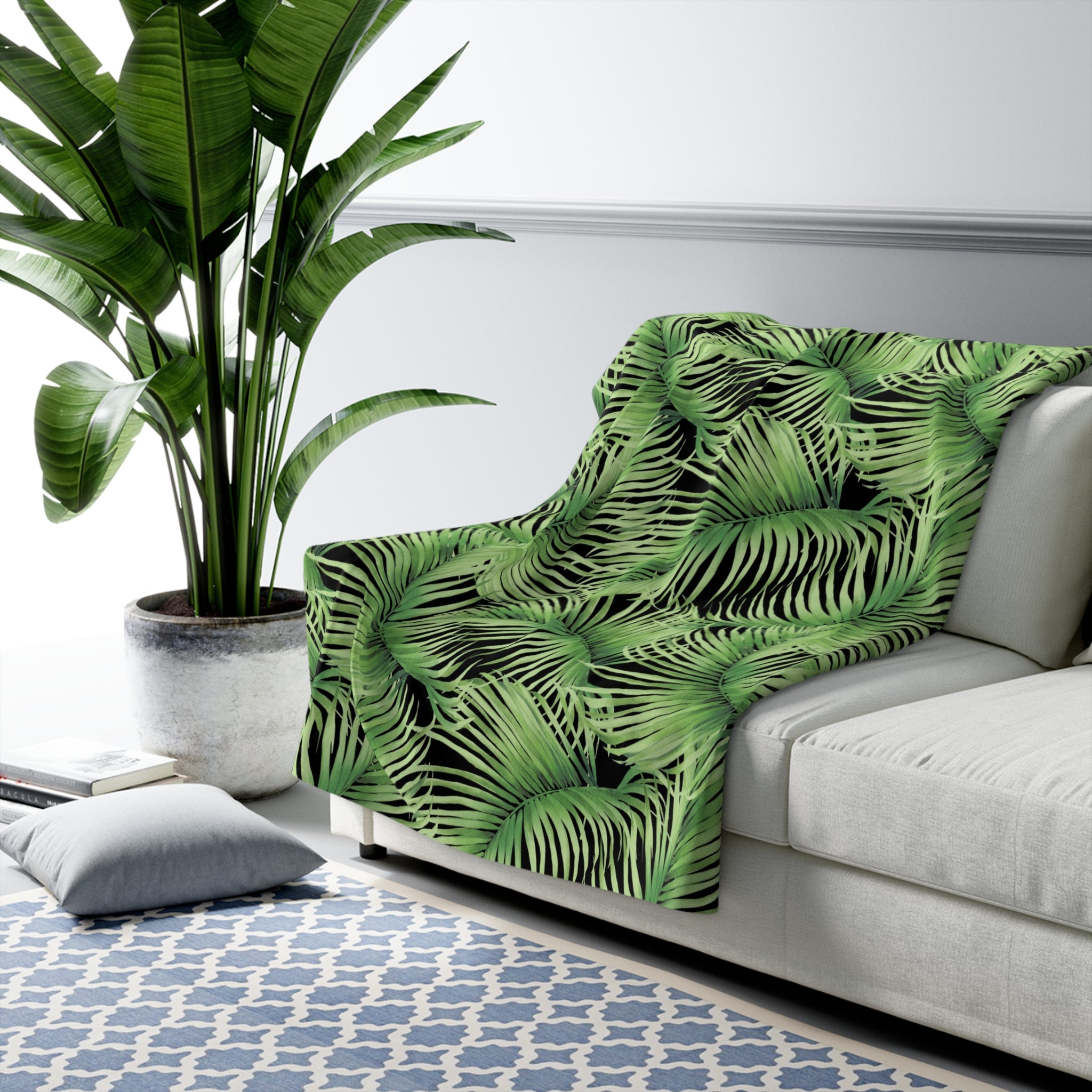 Floral Throw Blanket | Jungle Green Black Palm Leaves