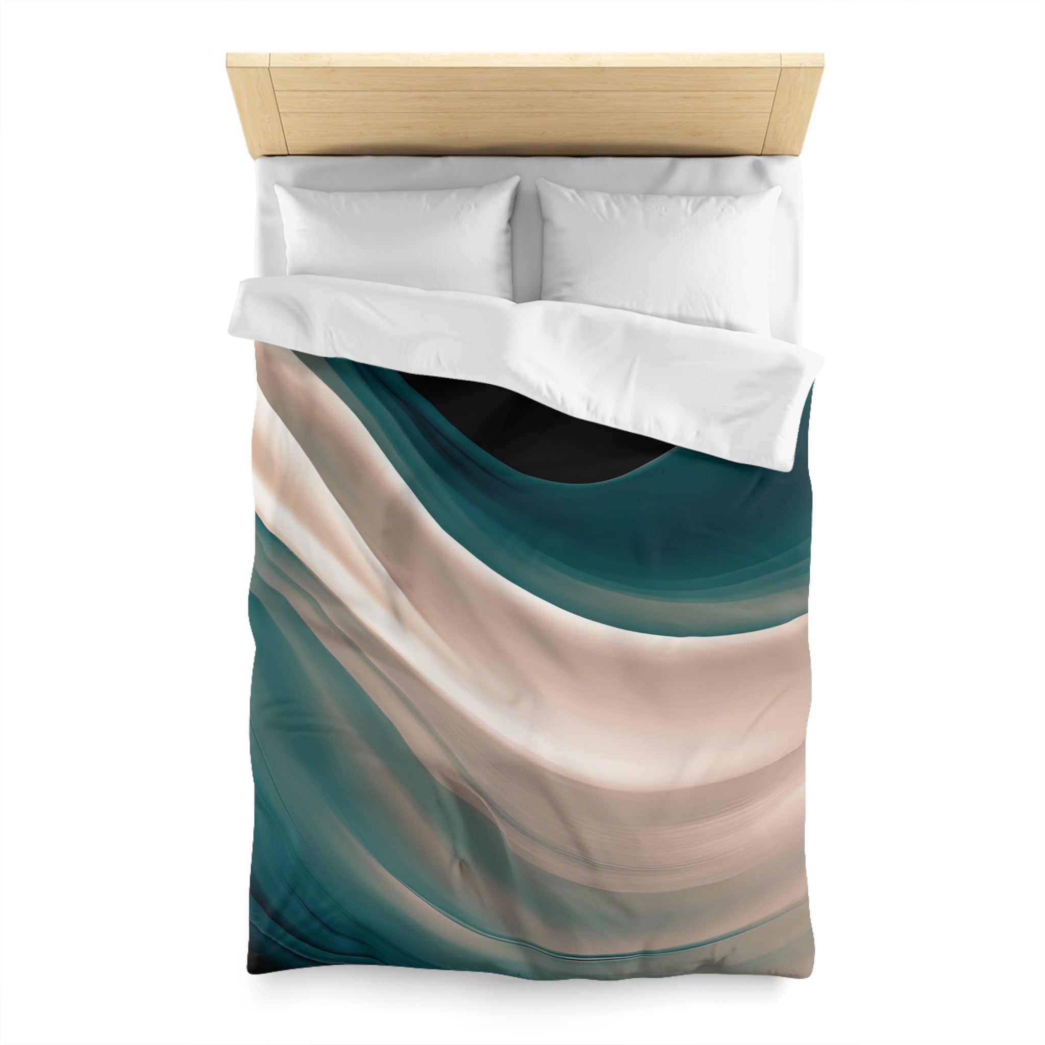 a bed with a colorful, abstract patterned comforter and pillows.