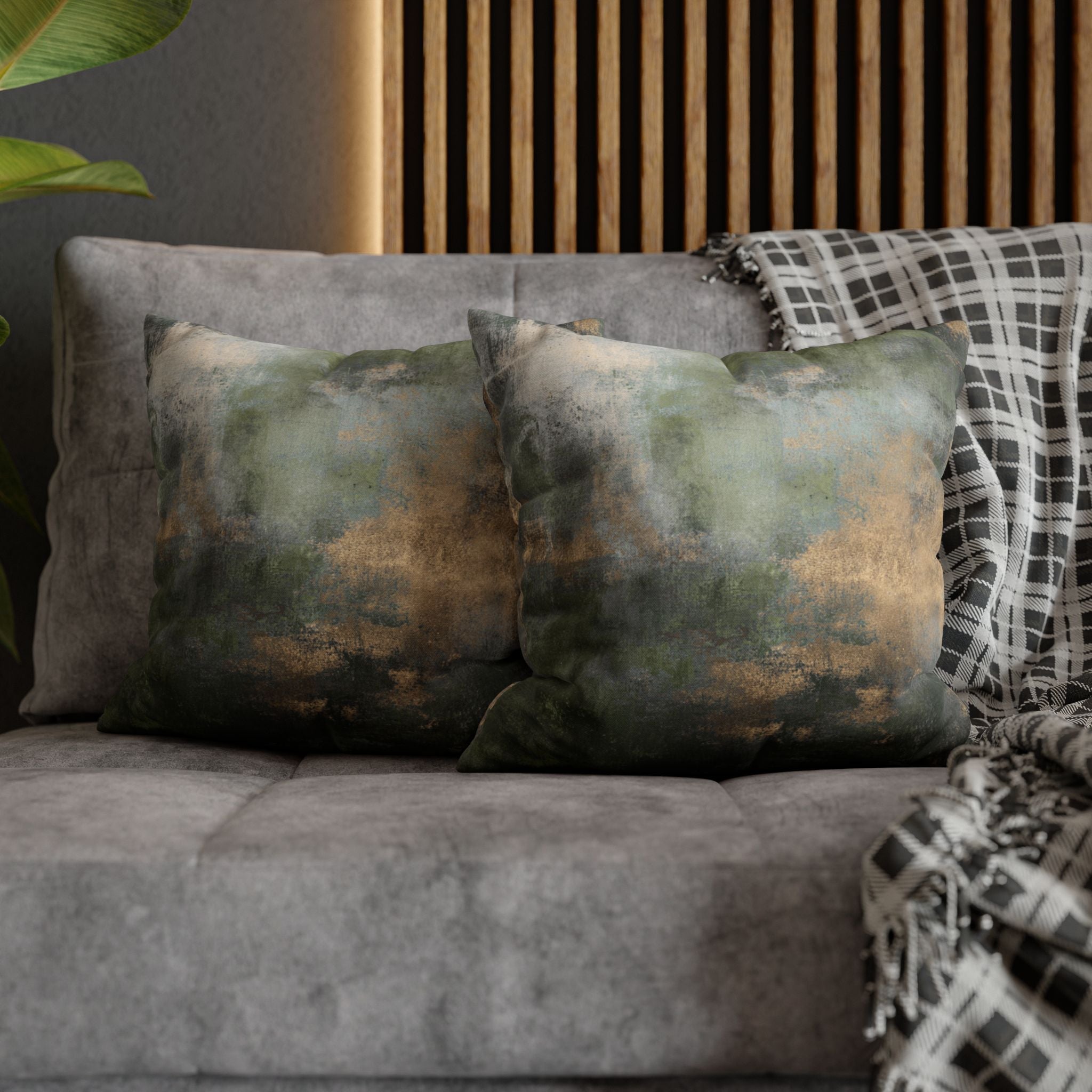 Abstract Throw Pillow Cover | Dark Forest Green, beige