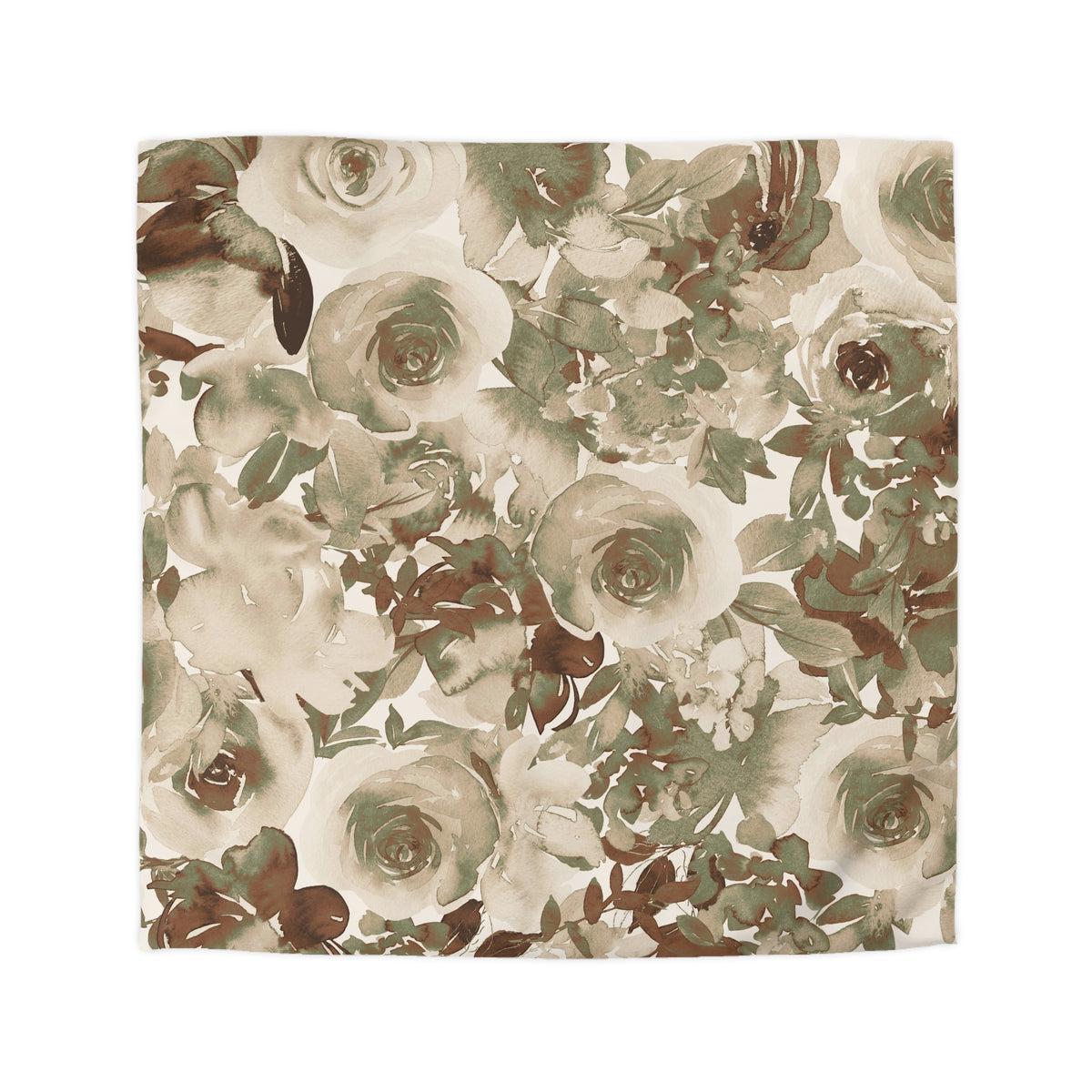 a square-shaped floral print with a variety of green and brown flowers and leaves. The print appears to be a collage of multiple images, creating a visually rich and diverse floral pattern.