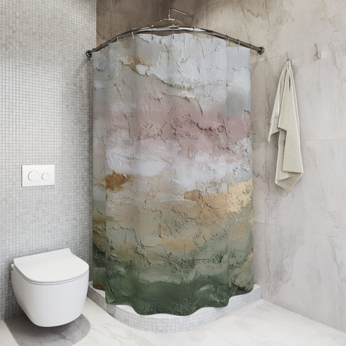 a bathroom with a shower curtain featuring a colorful abstract design, a white toilet, and a towel hanging on a rack.