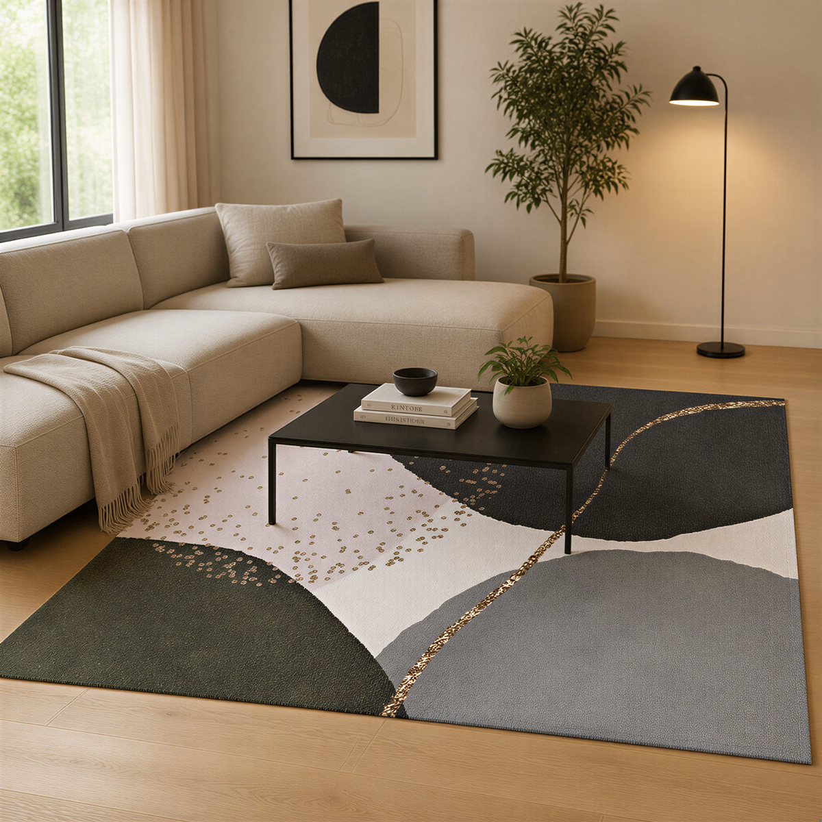 a modern living room with a large sectional sofa, a coffee table, and a decorative rug with abstract geometric patterns.