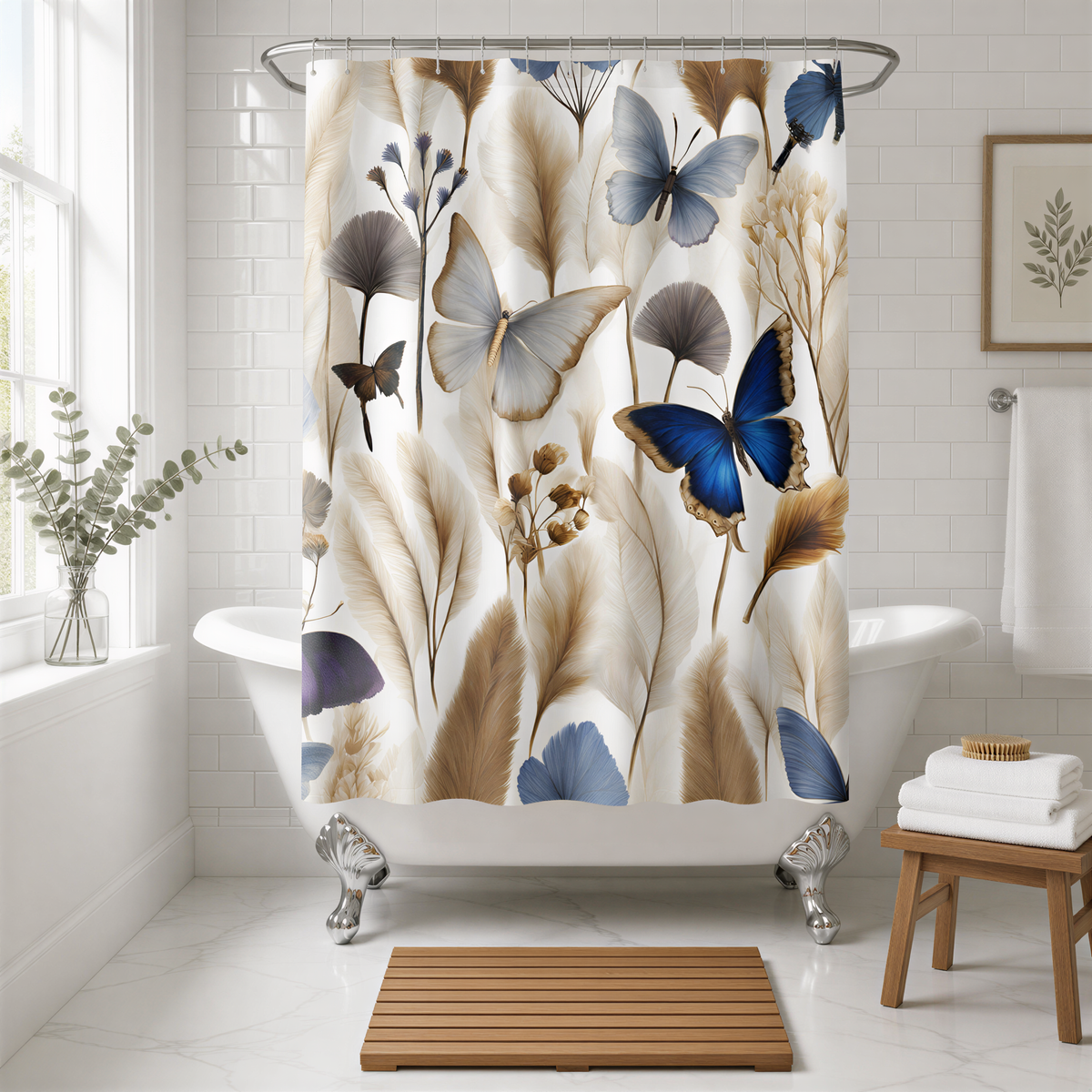 a bathroom with a white bathtub, a wooden stool, and a shower curtain with a floral pattern of blue and brown butterflies and feathers.