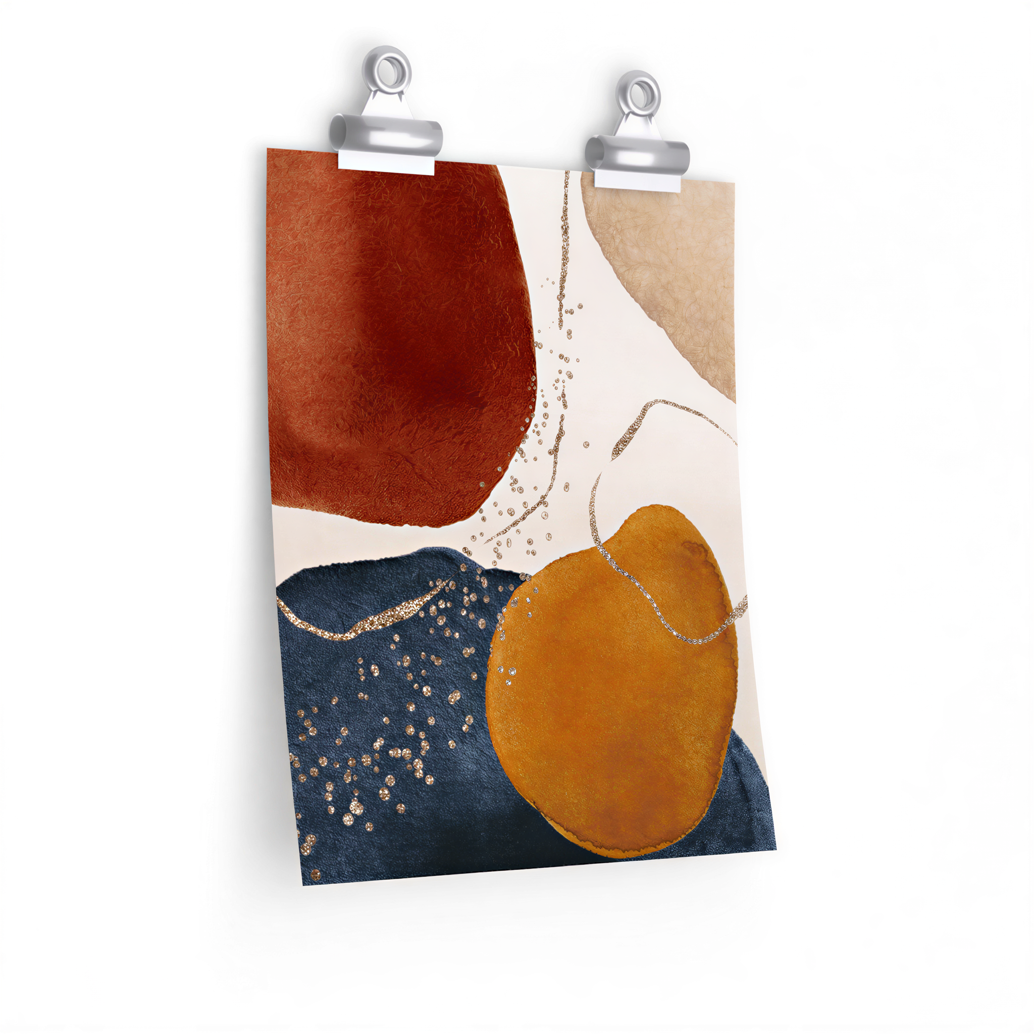Navy Rust Beige Abstract Art Poster framed on a wall