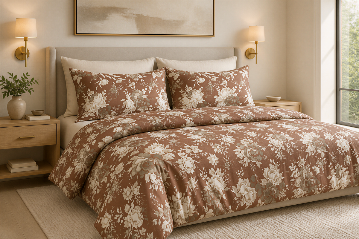 a cozy bedroom with a large bed adorned with a floral comforter and pillows. The bed is positioned against a wall with a painting above it. The room also features a nightstand on each side of the bed, with lamps on either side. A window is visible on the right side of the room, allowing natural light to enter the space.
