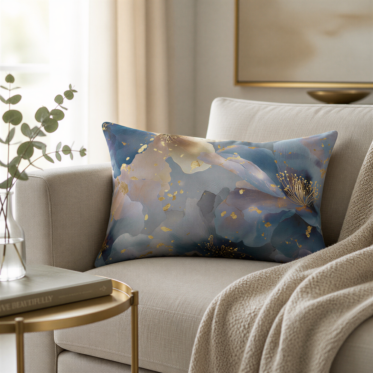 a cozy living room with a beige sofa, a gold-framed picture on the wall, and a decorative pillow with a blue and gold floral pattern on the sofa.