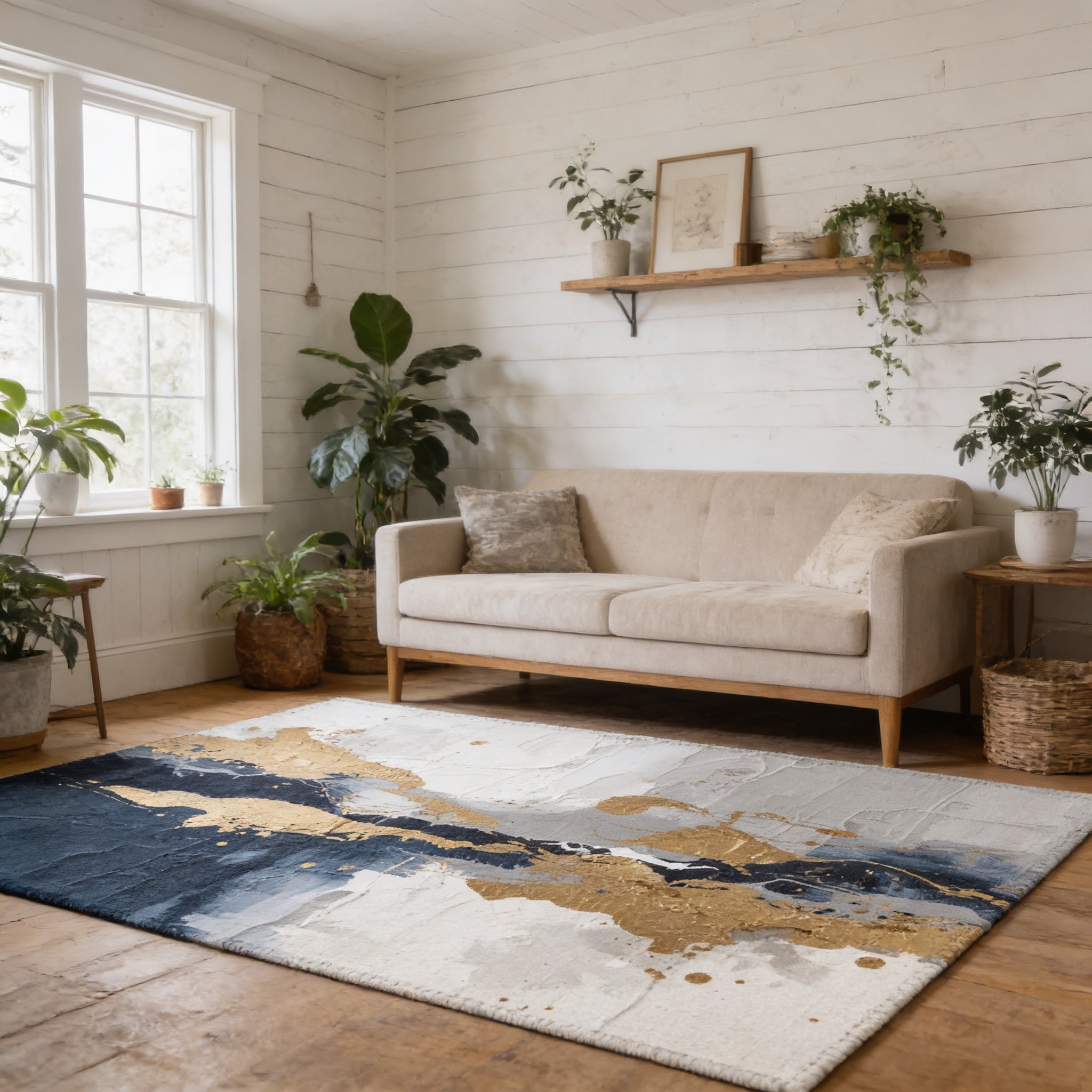 a cozy living room with a beige sofa, a large abstract rug, and various potted plants. The room has a white wooden wall and a window, creating a bright and airy atmosphere.