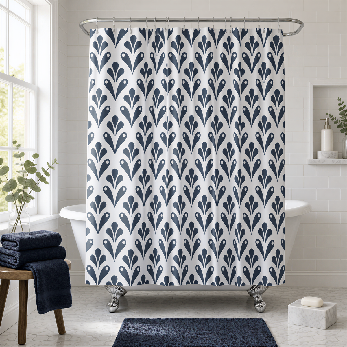 a bathroom with a white bathtub, a blue and white patterned shower curtain, a blue rug, and a small plant.