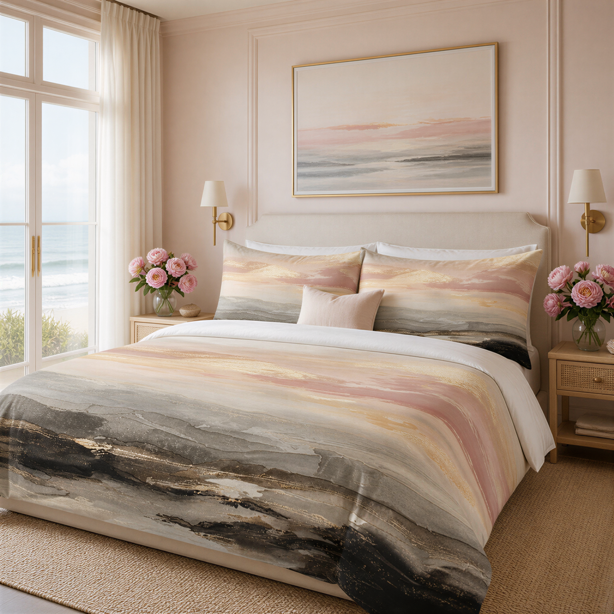a serene and inviting bedroom with a large bed adorned with a colorful, abstract comforter featuring a gradient of gray, pink, and orange hues. The bed is flanked by two nightstands, each with a lamp and a vase of flowers, creating a cozy and welcoming atmosphere. The room is further enhanced by a large window that offers a view of the ocean, adding a touch of natural beauty to the space.