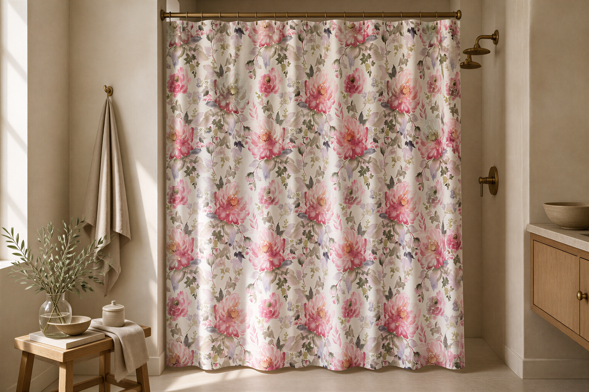a bathroom with a shower curtain adorned with a floral pattern in shades of pink and white. The shower curtain is hanging on a rod, and there is a wooden stool nearby. A potted plant is also present in the room, adding a touch of greenery to the space.