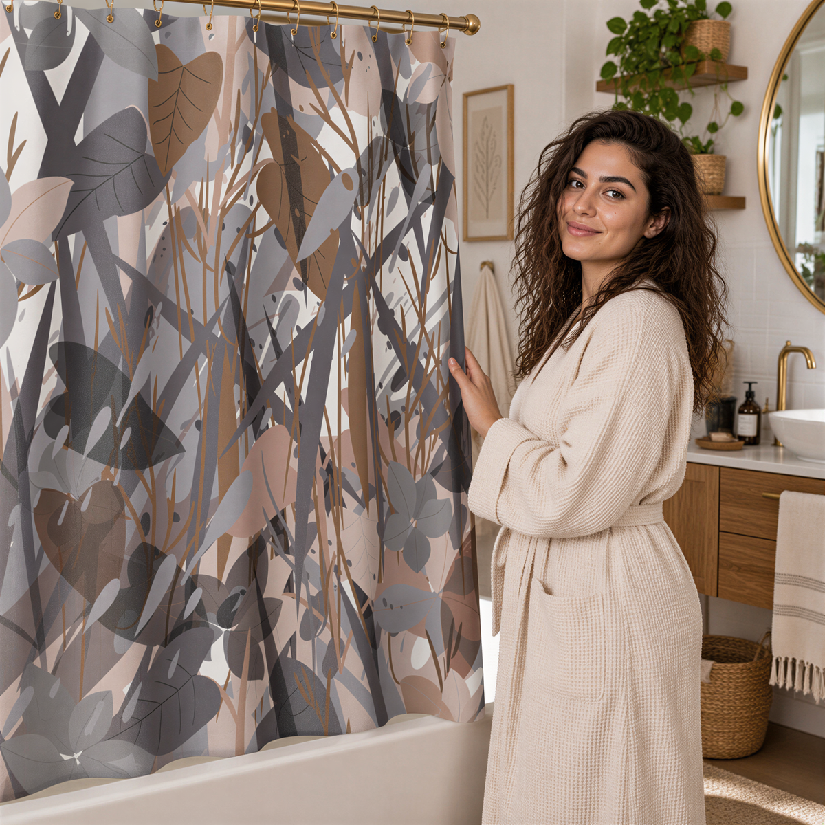 A woman in a beige robe stands in a bathroom, smiling at the camera. The bathroom has a shower curtain with a leafy, abstract pattern, and a potted plant on the windowsill.