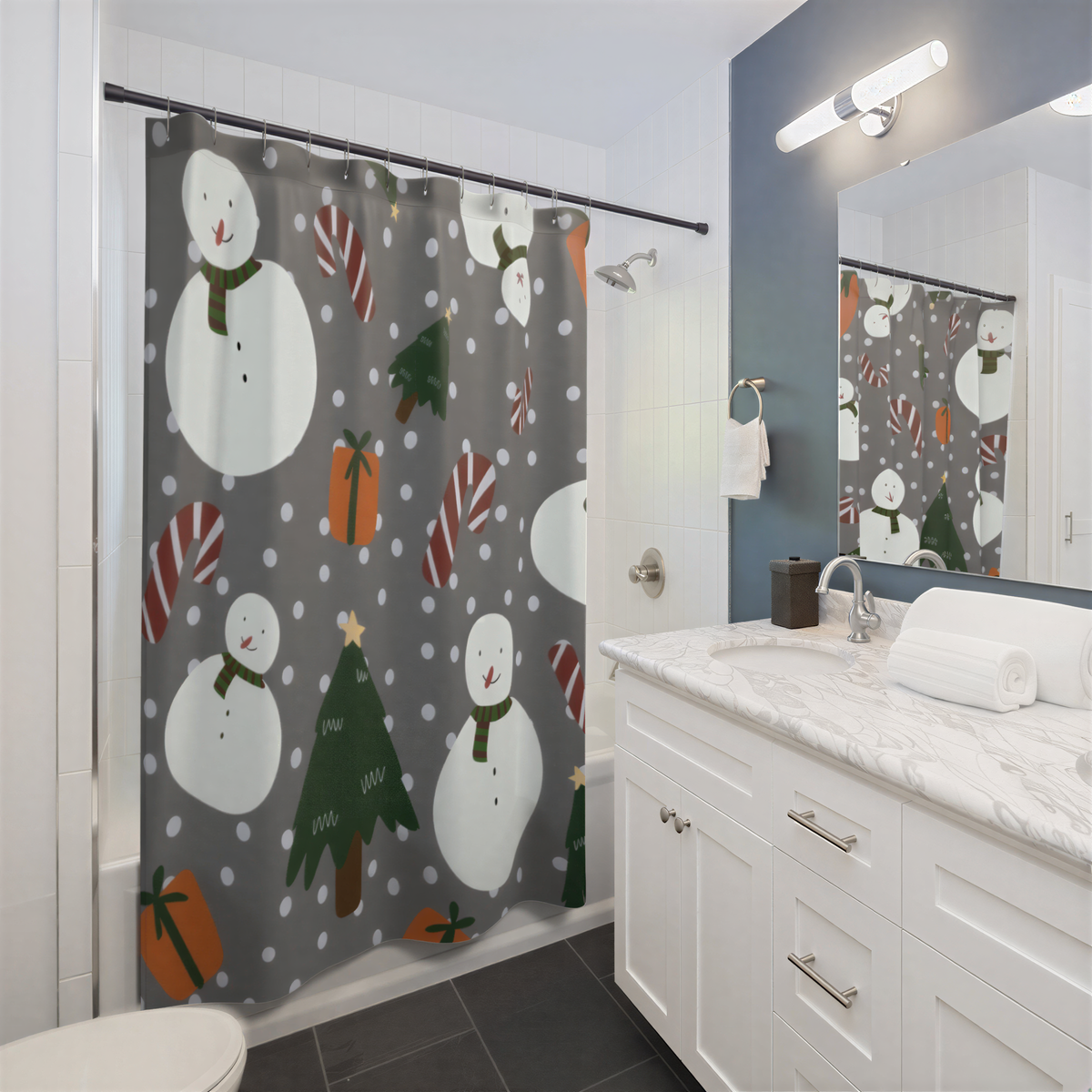 Christmas Shower Curtain Gray Snowmen Candy Cane Gifts hanging in a bathroom