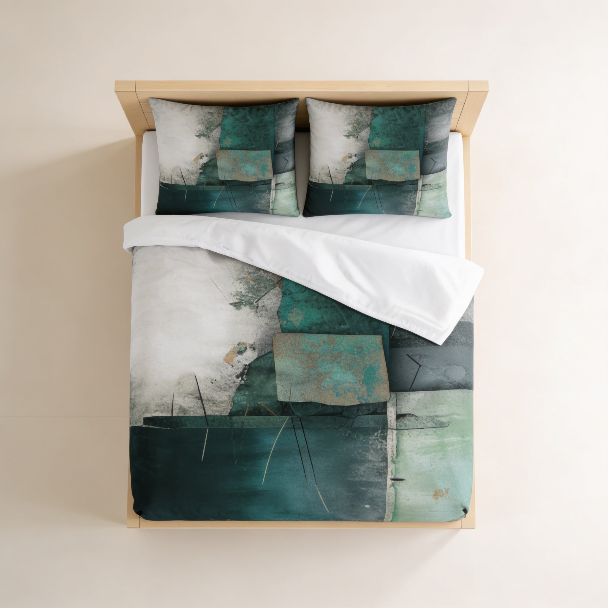 a bed with a white comforter and two pillows, each featuring a unique abstract design in shades of green and gray.