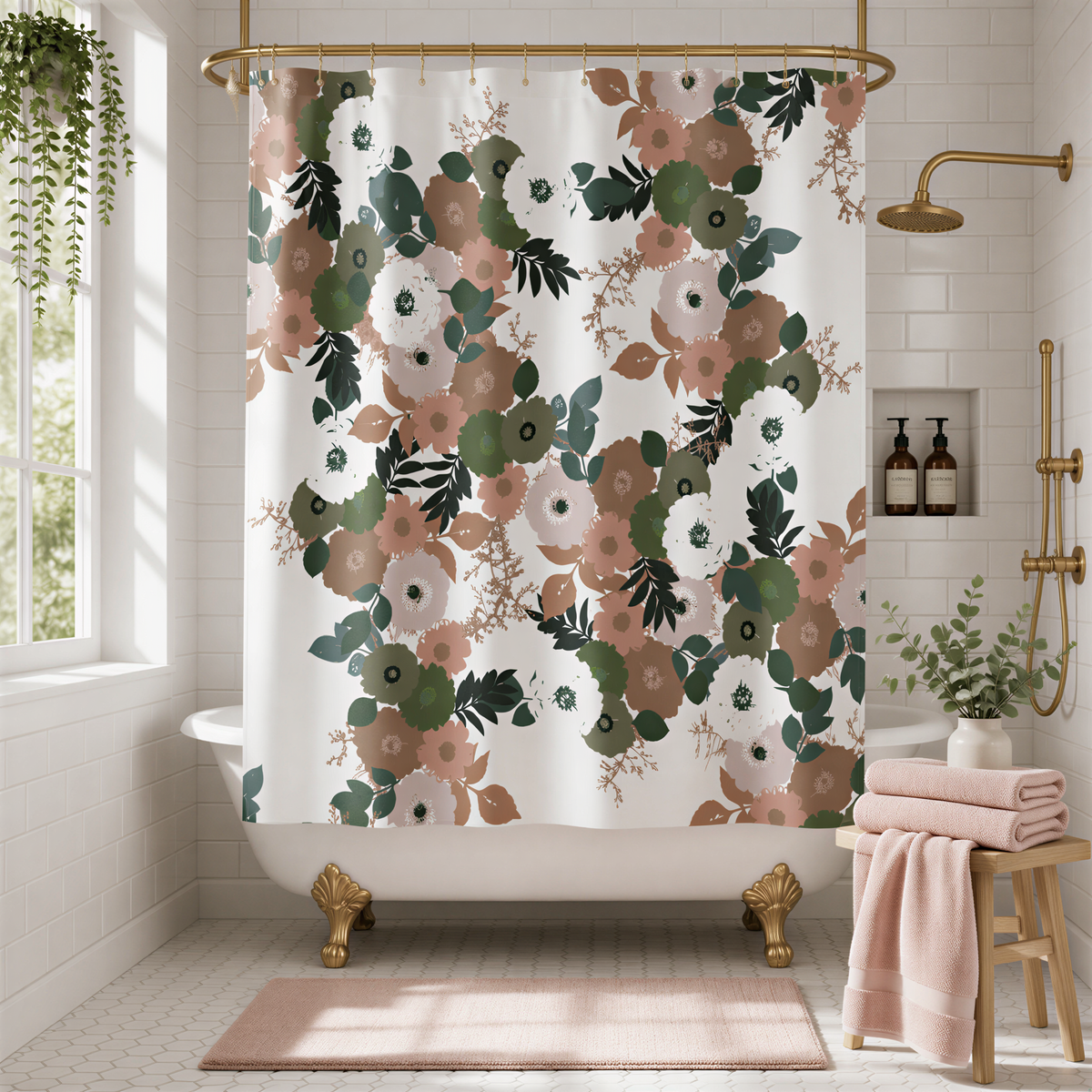 a bathroom with a white bathtub, a shower curtain with a floral pattern, and a wooden stool with pink towels.