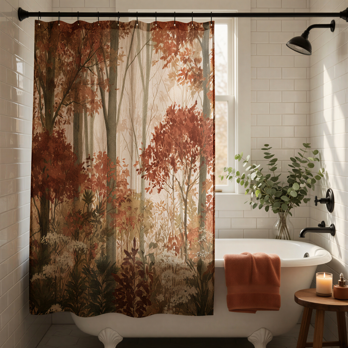 a bathroom with a white clawfoot bathtub, a shower curtain featuring a forest scene, and a small table with a candle and a plant.