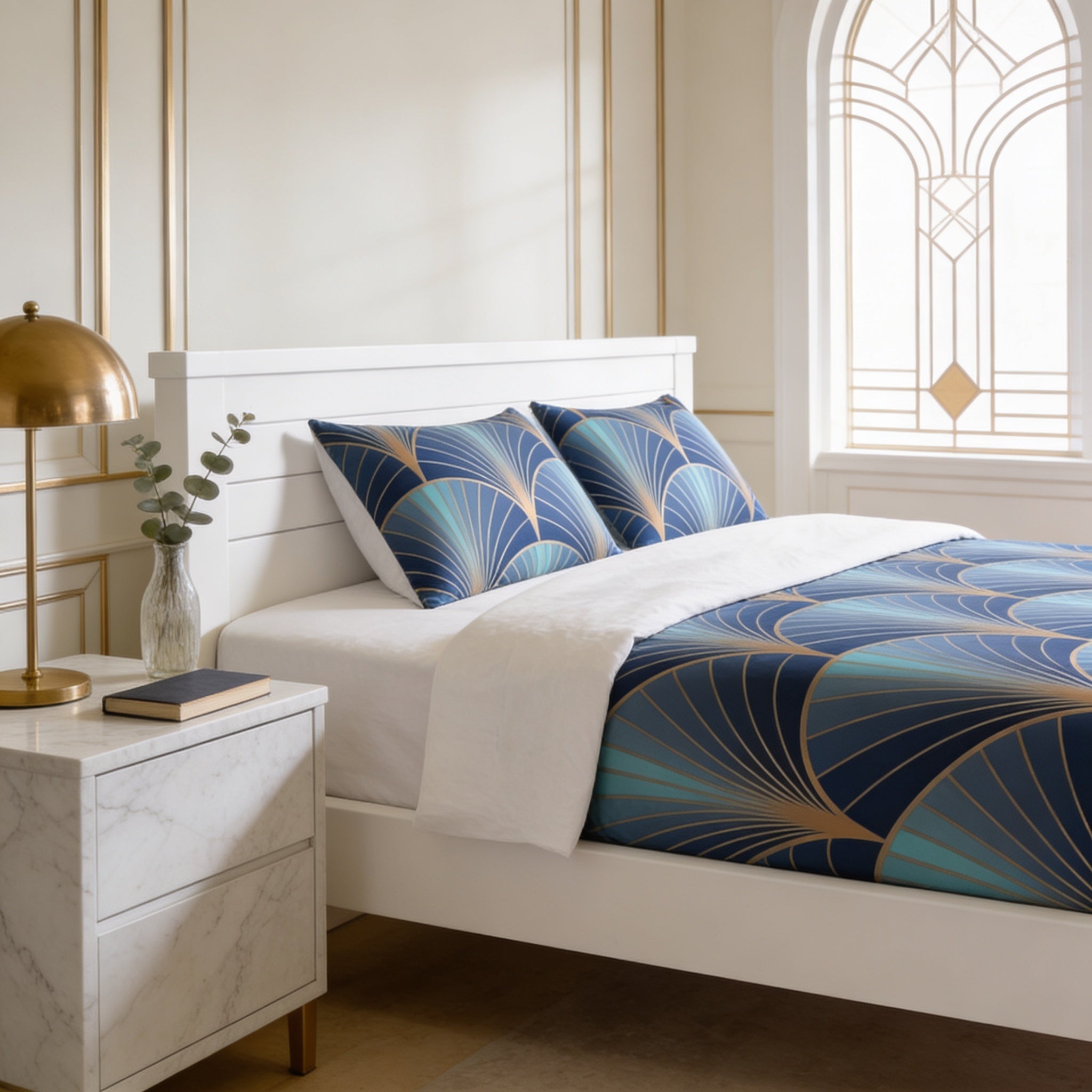a bedroom with a white bed frame, a white nightstand, and a gold lamp. The bed has a blue and gold patterned comforter and matching pillows. The room has a clean, minimalist design with white walls and a window with an intricate gold frame.