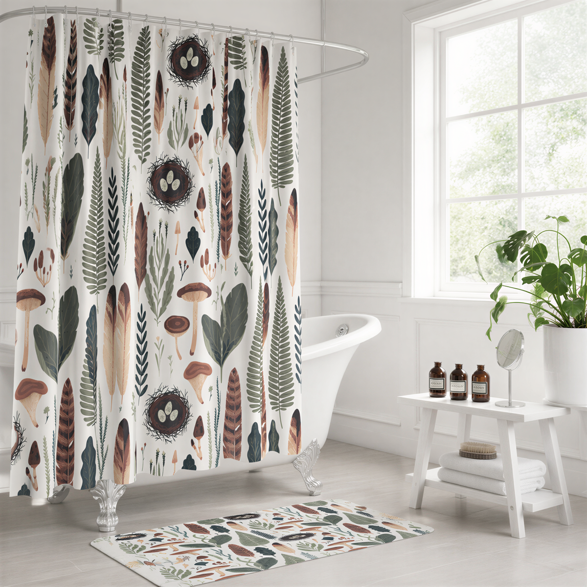 a bathroom with a white bathtub, a shower curtain with a pattern of mushrooms, leaves, and other natural elements, and a small table with bottles and a mirror.