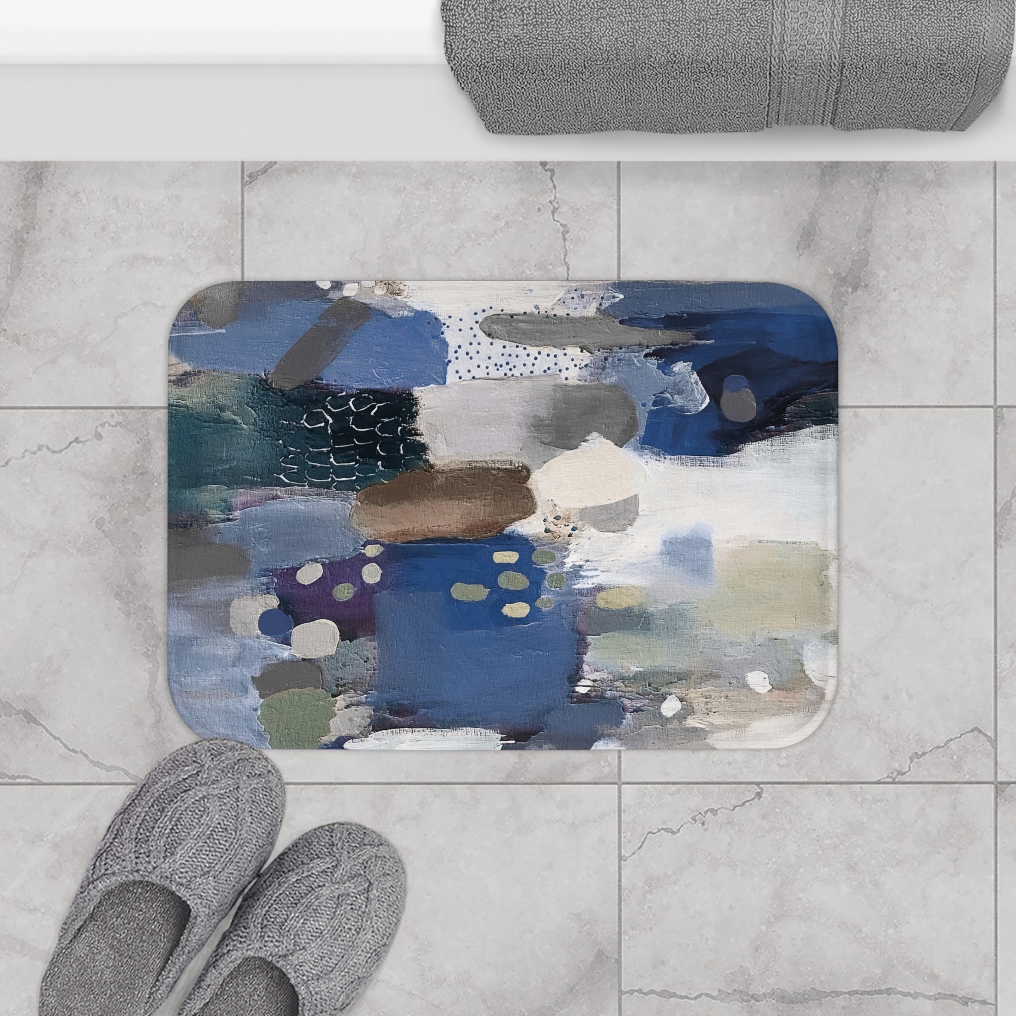 Abstract Bath Mat | Colorful Navy Blue Grey White Kitchen Mat