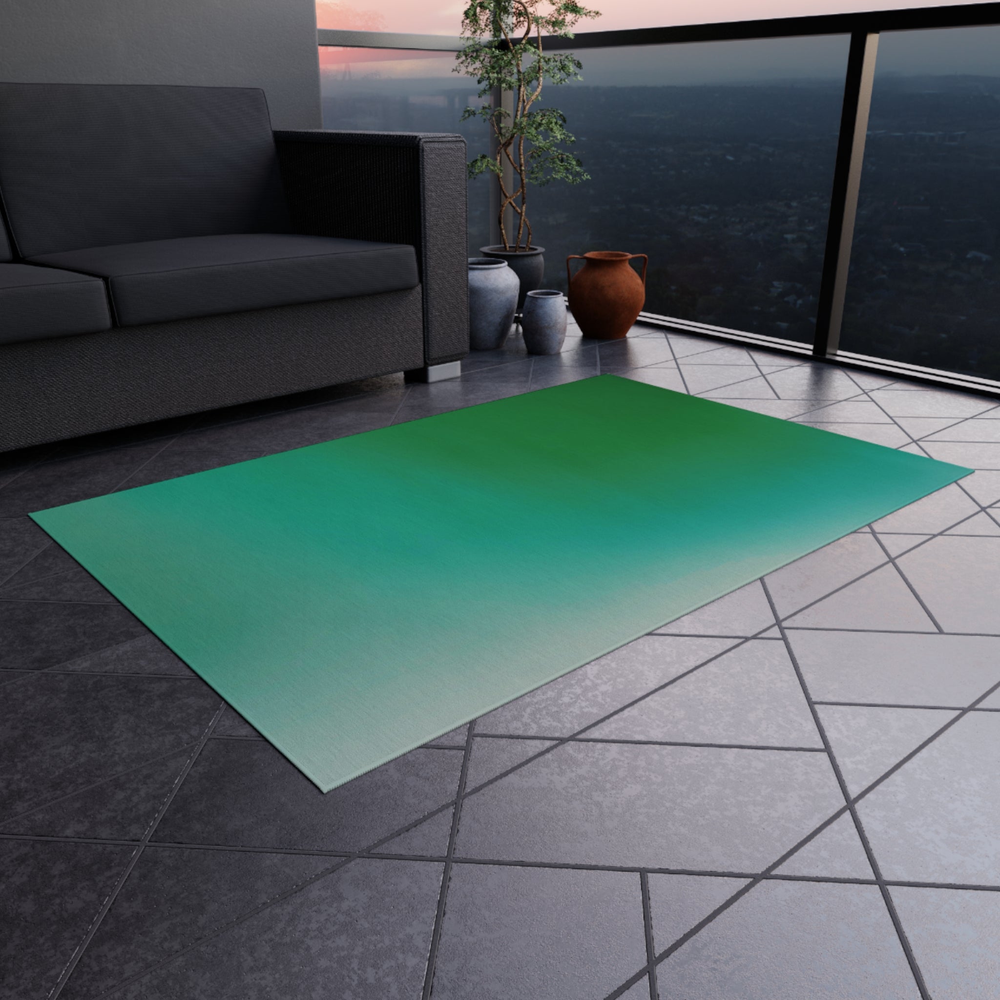 Abstract Large Outdoor Rug | Emerald Teal Green | Minimalist, Stylish Patio, Porch Floor Mat