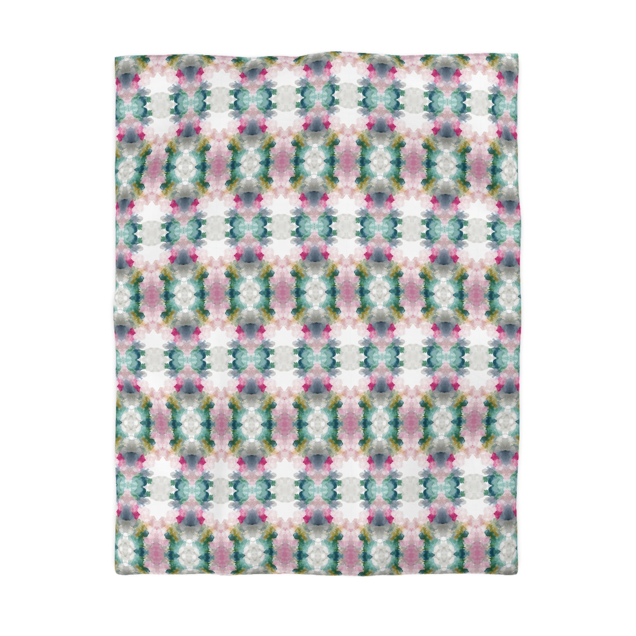 a square with a repeating pattern of pink, green, and white flowers.