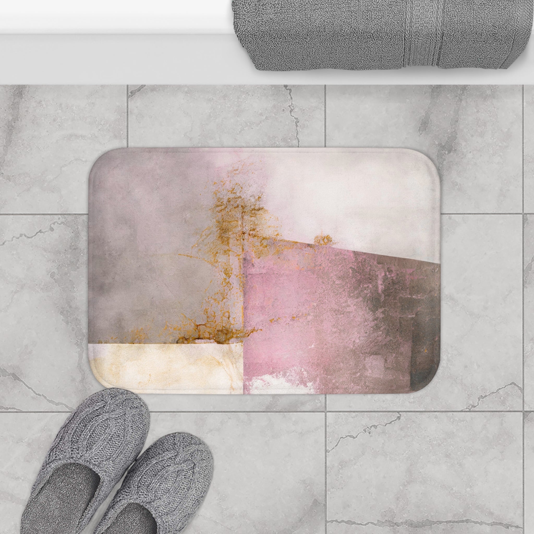 Abstract Bath Mat | Grey Mauve Blush Pink Rustic Kitchen Mat