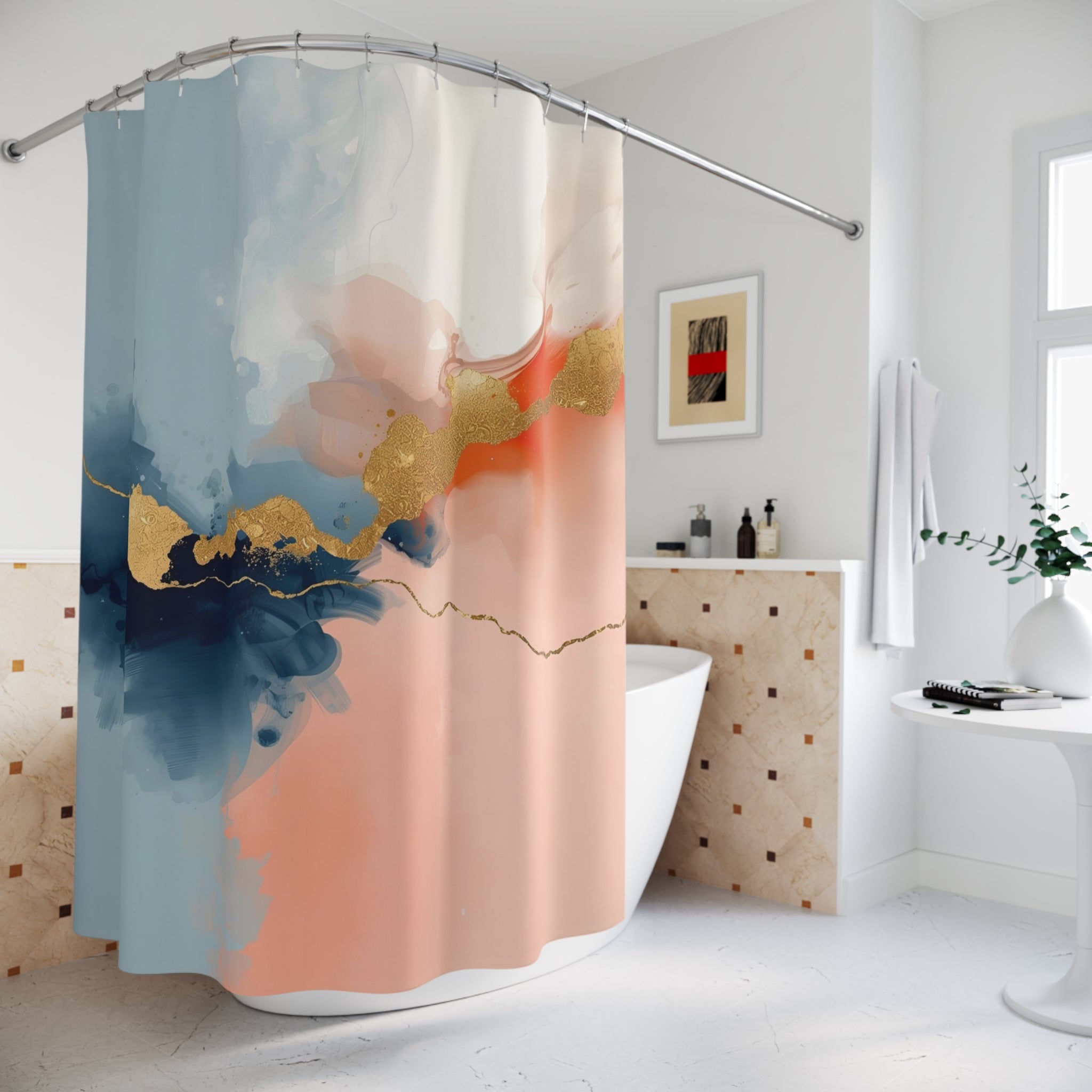 Boho Abstract Shower Curtain | Blue Orange Watercolor