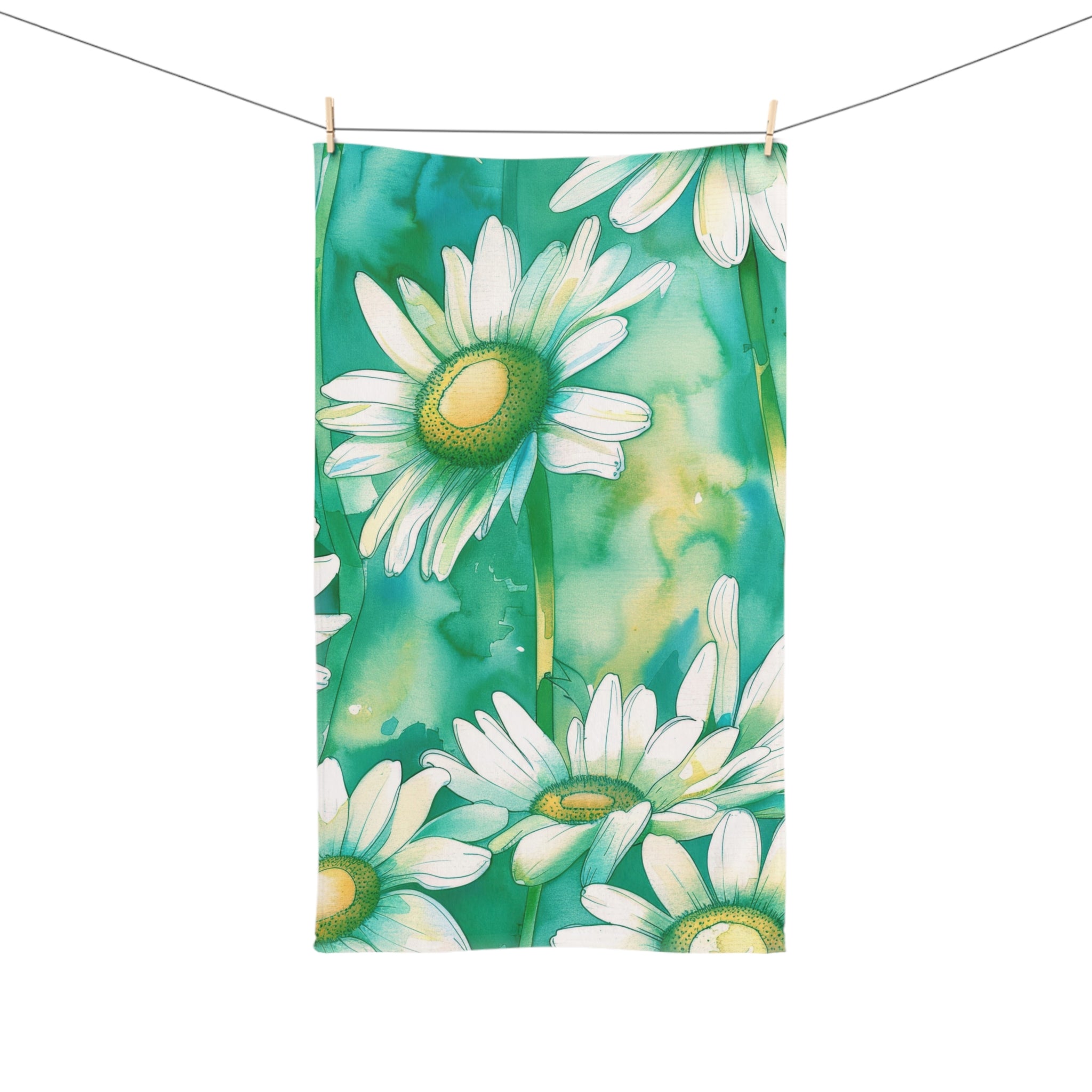 Kitchen, Bath Hand Towel | Teal Sage Green, Daisies Towel