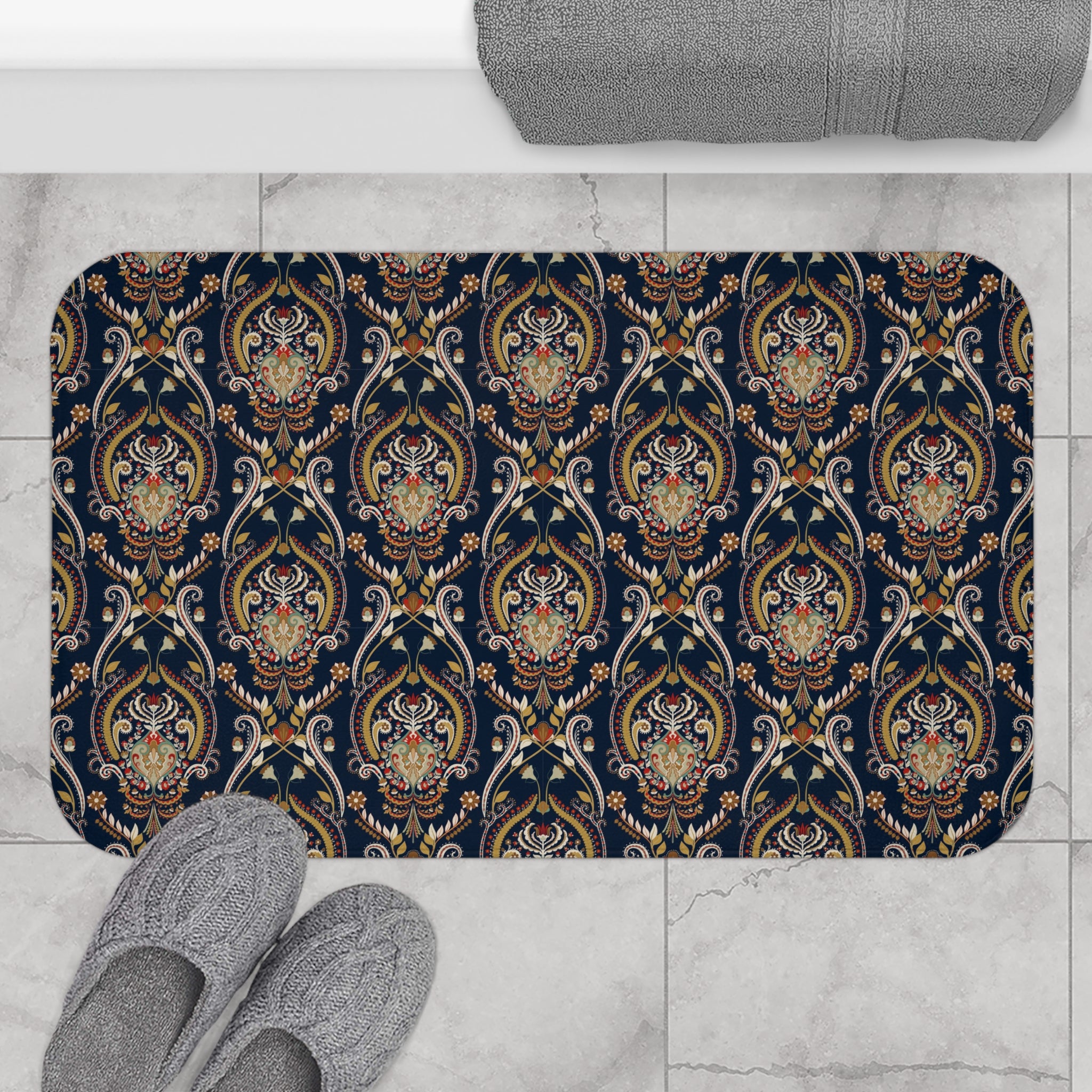 Vintage Bath, Kitchen Mat | Black Beige, Folk Art
